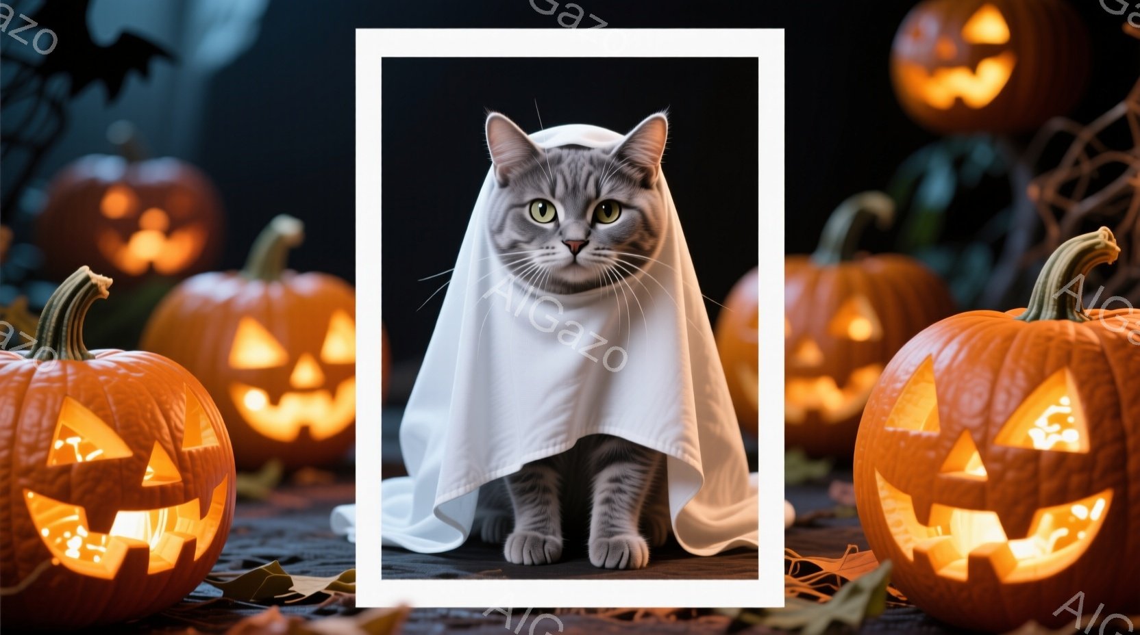 灰色の猫が白い布をまとい、ハロウィンの幽霊の格好をしている。猫は正面を見据え、わずかに口を開けている表情で、まるで何かを訴えかけているようだ。背景には、ジャック・オー・ランタンが並び、ハロウィンの夜の不気味で楽しい雰囲気を演出している。