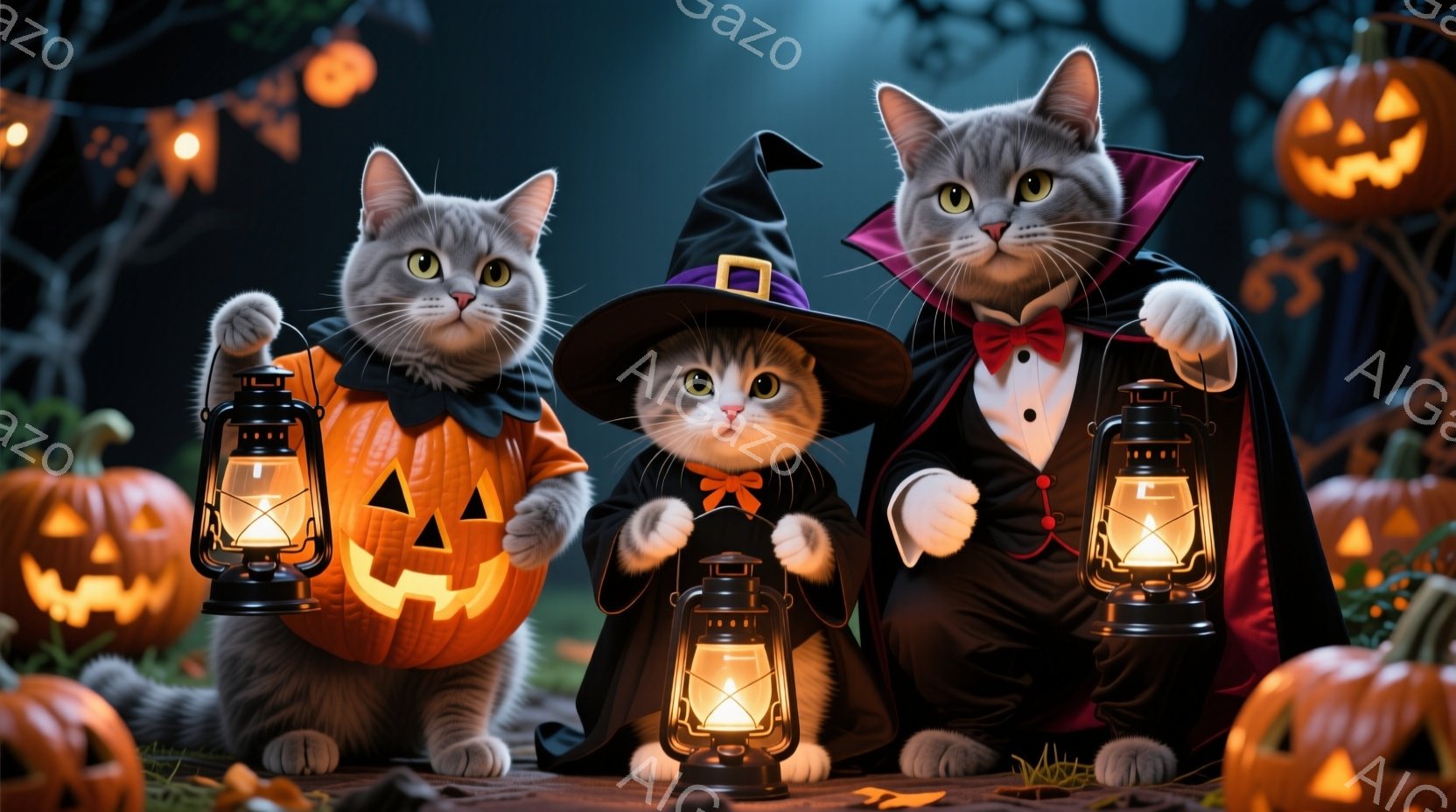 ハロウィーンの衣装を着た３匹の猫が、それぞれ提灯を持っています。左の猫はカボチャの衣装を着ており、中央の猫は魔女の帽子とローブを着て、右の猫は吸血鬼の衣装を着ています。背景にはオレンジ色のジャック・オー・ランタンが散らばり、暗い森の雰囲気の中で、お祝いのハロウィーンの夜を演出しています。