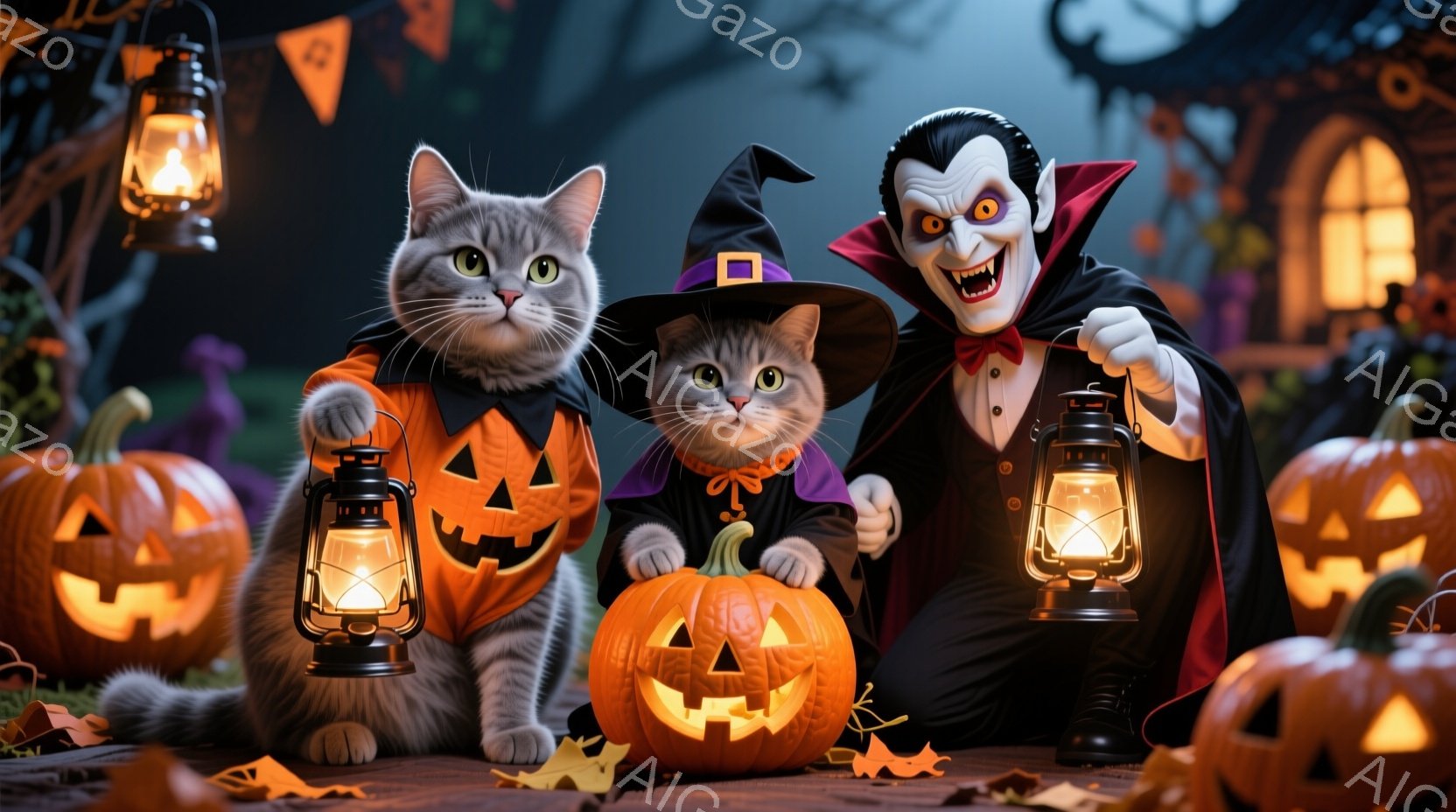 ハロウィーンの夜、カボチャのランタンに囲まれた一人の男性が吸血鬼の衣装を着て微笑んでいます。2匹の猫もそれぞれカボチャと魔女の衣装を着て、ランタンを持っています。背景にはゴシック様式の建物、木々、そし - AI生成フリー素材