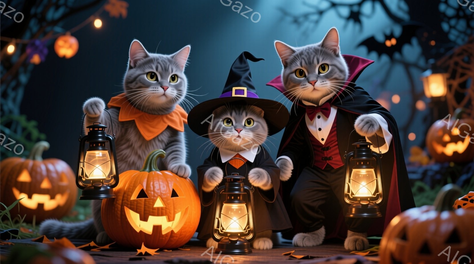 3匹の猫がハロウィーンの衣装を着て、かぼちゃのランタンに囲まれて並んでいます。左の猫はオレンジ色のスカーフを首に巻き、中央の猫は黒い魔女帽子をかぶり、右の猫はタキシードとマントを身につけています。背景には、お化け屋敷のような暗い森と、ぼんやりと光るランタンがあり、ハロウィーンの神秘的な雰囲気を醸し出しています。