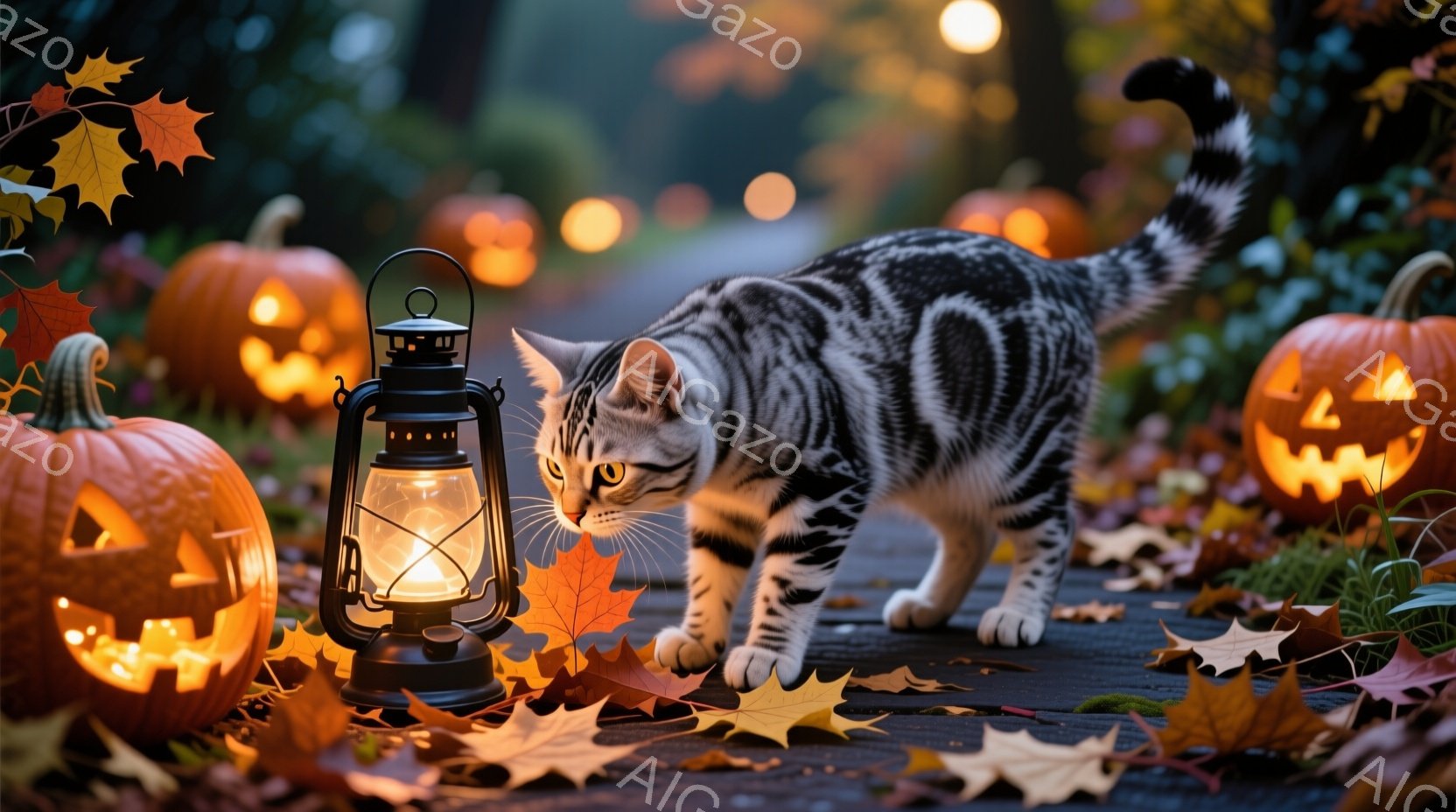 ハロウィーンの雰囲気の漂う夜、切り株の上にジャック・オー・ランタンが並び、地面は落ち葉で覆われています。縞模様の猫が、点灯したランタンのそばを歩いており、好奇心旺盛な表情で前を見つめています。背景は暗 - AI生成フリー素材