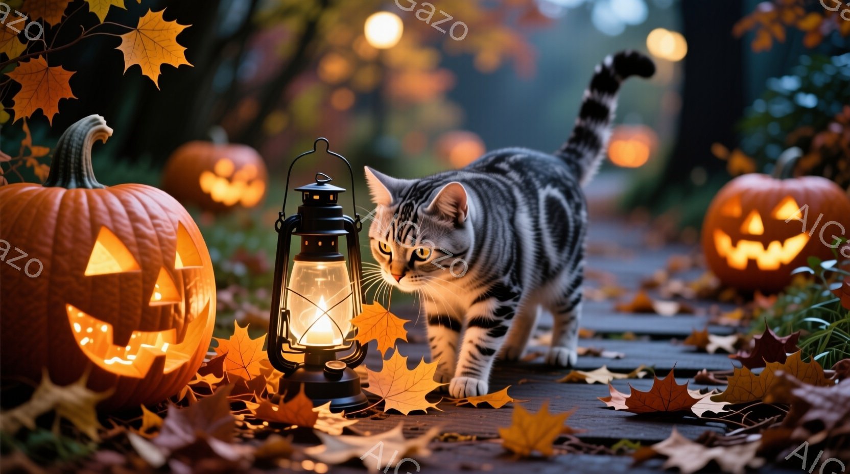 縞模様の猫が、ハロウィーンの飾りが施されたカボチャや灯籠が並ぶ木の道を進んでいます。背景にはぼやけたオレンジ色のカボチャが並び、地面には落ち葉が散らばり、秋の夜の静かで幻想的な雰囲気を醸し出しています。猫は前方をじっと見つめ、静かに歩いている様子が捉えられています。