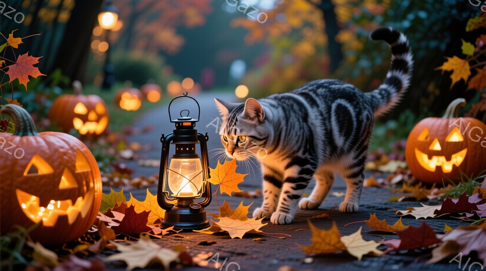舗装された道にハロウィーンのジャック・オー・ランタンと落ち葉が散らばり、その中央を縞模様の猫が慎重に歩いている。猫は前足を伸ばし、何かを警戒しているかのように注意深く見つめている。背景にはぼんやりと光 - AI生成フリー素材