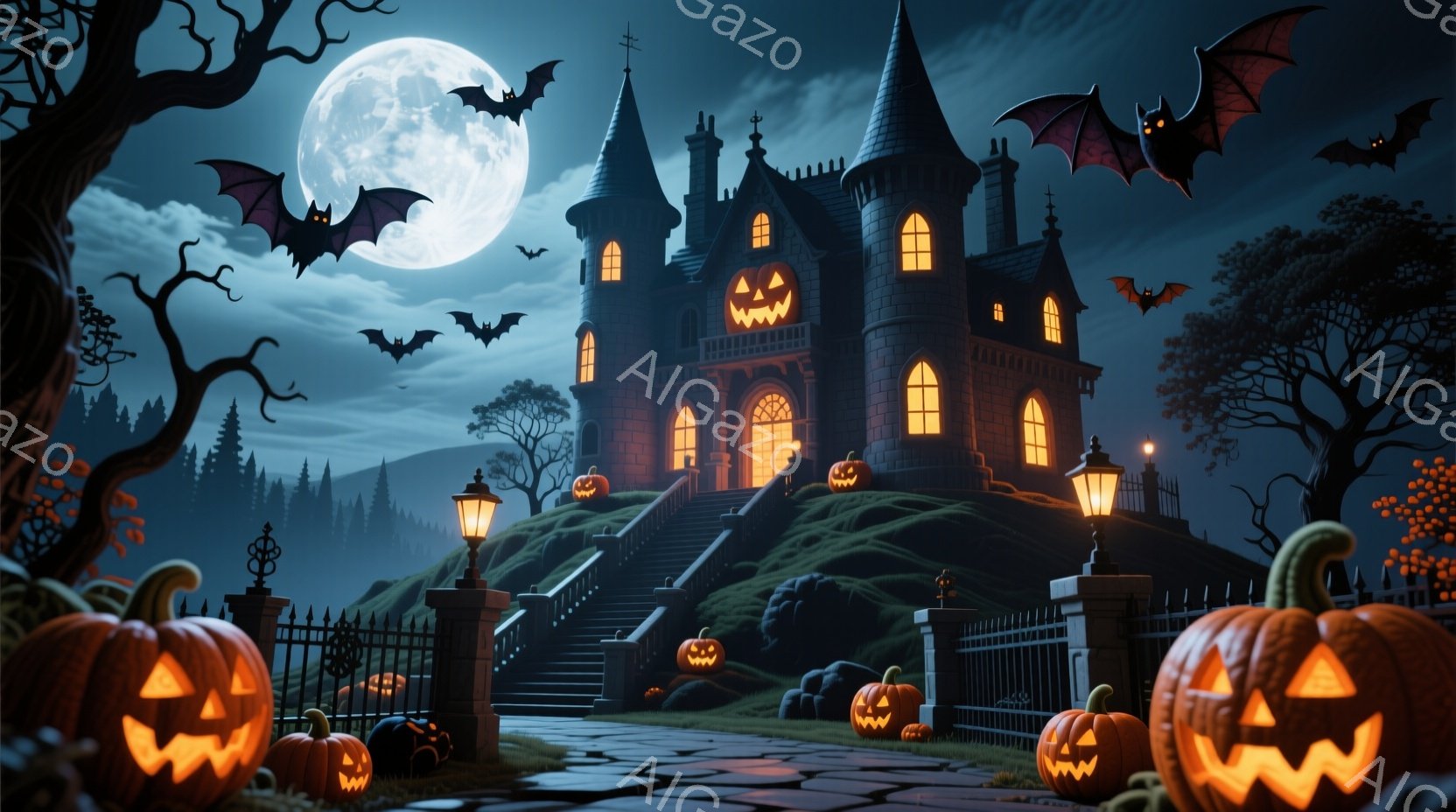 夜の丘の上に建つ、不気味な城が印象的です。ハロウィーンの装飾であるカボチャのランタンが、城の周りや階段に並べられ、薄暗い光を放っています。満月が空に輝き、コウモリが舞うことで、全体的に幻想的で少し不気味な雰囲気を醸し出しています。