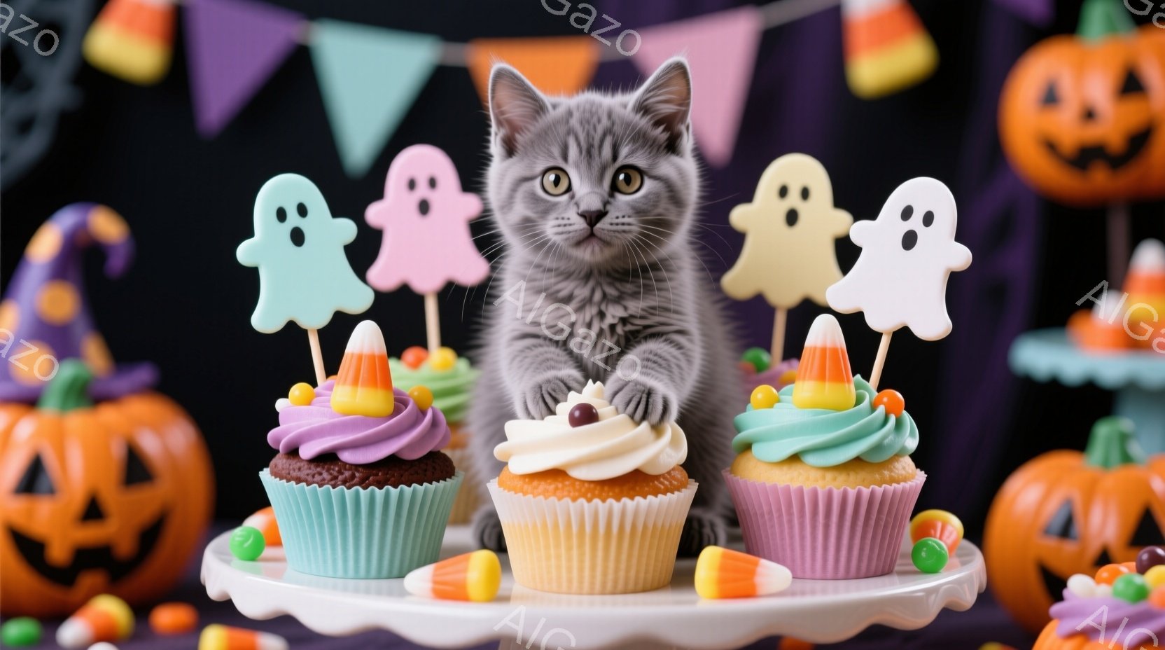 ハロウィンテーマを使った写真で、主要な人物はシットする猫とそれを取り巻く様々なHalloweenの装飾です。猫は、手がかかっているかのように身体を曲げ、目を閉じたままです。背景はホログラム風のデコレーションで、パンプキンや鬼などのHalloweenアイテムが描かれています。細部には、ハロウィンカップケーキも見られるようです。雰囲気は軽快で、ホログラムの特性を反映したものとなっています。