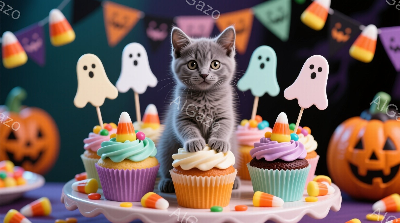 灰色の小さな子猫が、ハロウィーンをテーマにしたカップケーキが並んだケーキスタンドの上に立っています。背景には、カボチャのランタンやキャンディコーン、お化けの飾りがあり、ハロウィーンの祝祭ムードを演出し - AI生成フリー素材