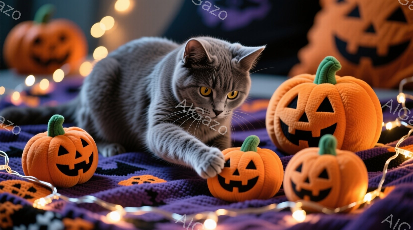 灰色の猫が紫色の背景に散らばったハロウィーンの小さなカボチャの周りにいる。猫は前足を伸ばし、カボチャに触れようとしている様子で、その表情は遊び心に満ちている。背景にはぼんやりとした光が灯り、ハロウィーンの楽しい雰囲気を醸し出している。