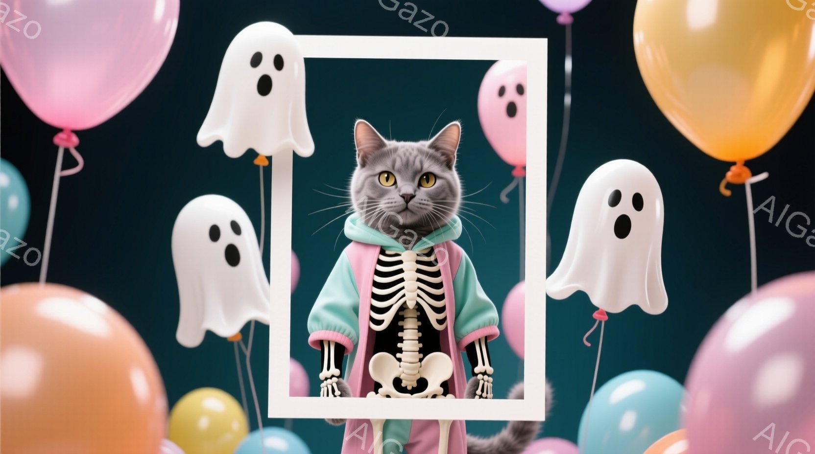 グレーの猫が白いフレームの中に座っており、ハロウィーンをテーマにしたピンクとターコイズのスケルトン柄の衣装を着ています。猫は少し驚いたような表情で、カメラの方をまっすぐ見ています。背景には、パステルカ - AI生成フリー素材