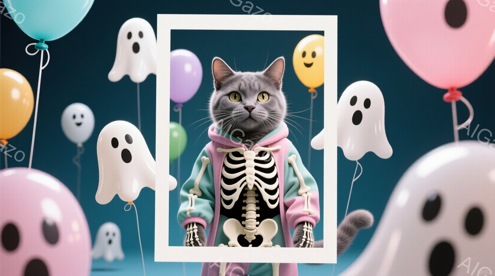 灰色の猫が白いフレームの中に座っており、ピンクと緑のジャケットと骸骨柄のシャツを着ています。背景には、様々な色の顔が描かれた幽霊のような風船が浮かんでおり、ハロウィーンのようなお祝いの雰囲気が漂っています。猫は前方をまっすぐ見ており、やや無表情な様子で、全体的に遊び心のある、少し不気味な雰囲気です。