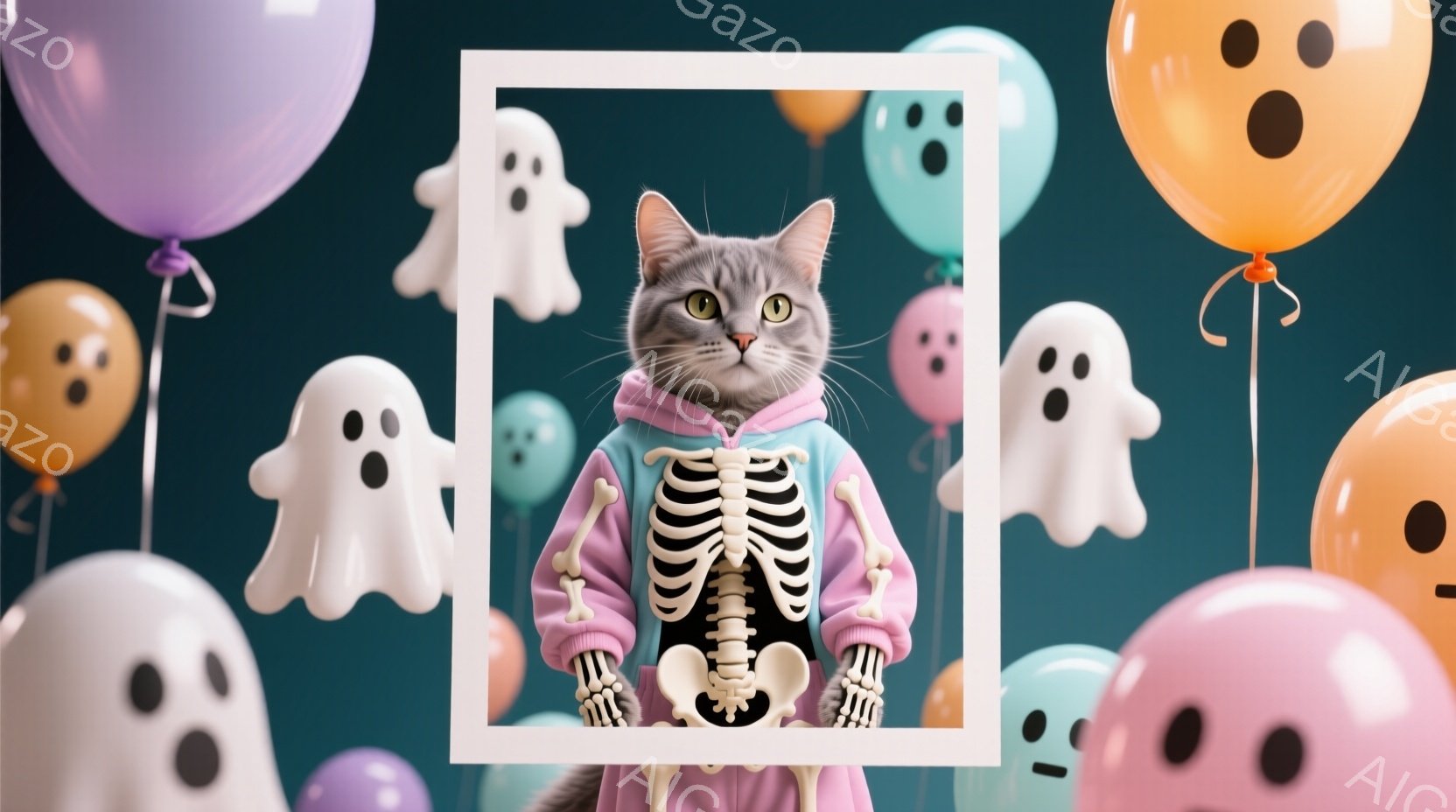白いフレームの中に、骨格柄のパーカーを着た灰色の猫が写っています。猫は正面を見つめ、少し驚いたような表情をしています。背景には、パステルカラーのハロウィーン風の幽霊や風船が浮かび、お祭り気分を演出しています。