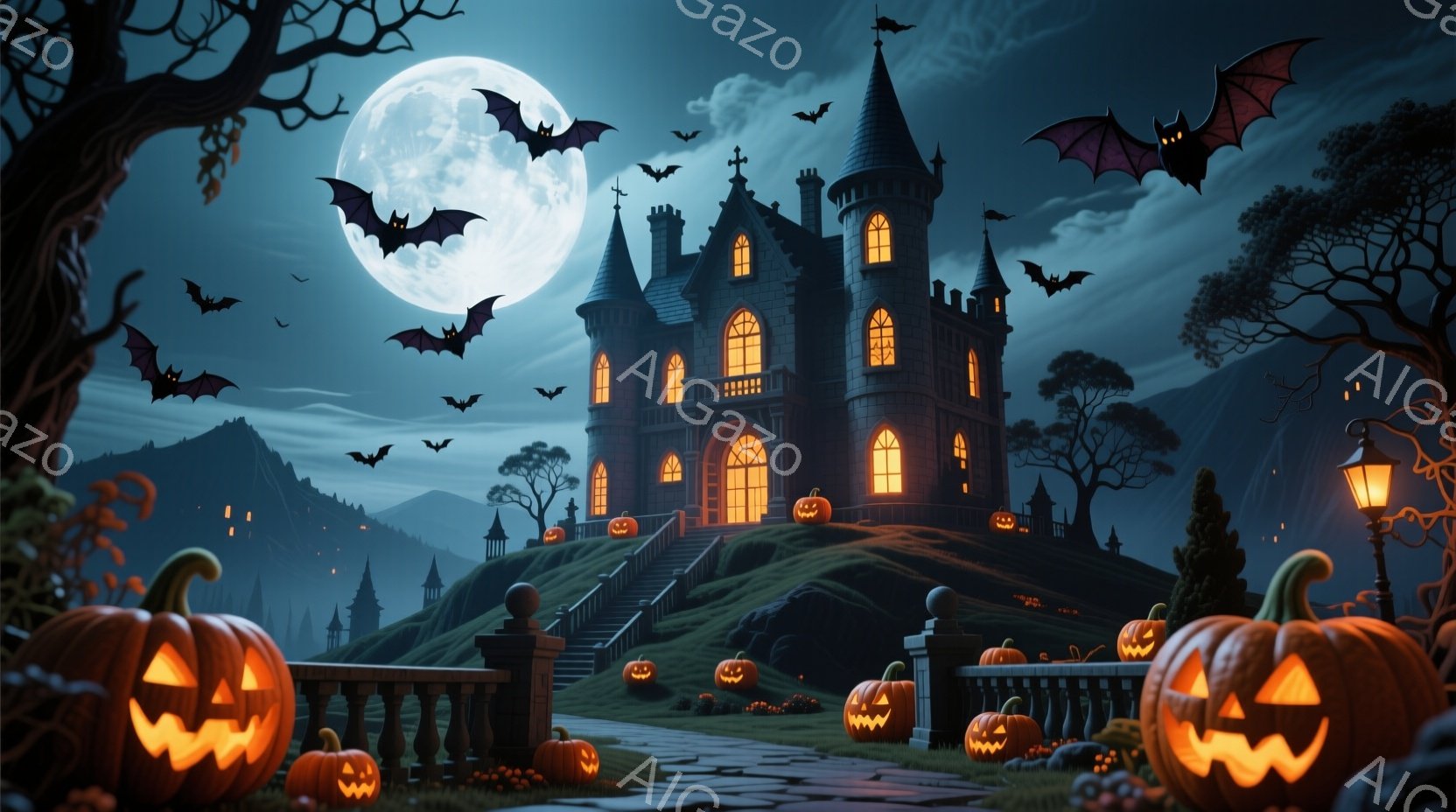 不気味な屋敷が丘の上にそびえ立ち、ハロウィーンの雰囲気を作り出しています。屋敷の周りにはジャック・オー・ランタンが並び、暗い夜空にはコウモリが舞い、不気味な雰囲気をさらに強調しています。背景には暗い森とぼんやりとした山々が見え、夜空には明るい満月が浮かび、全体的に不気味でありながらも魅力的な光景を作り出しています。