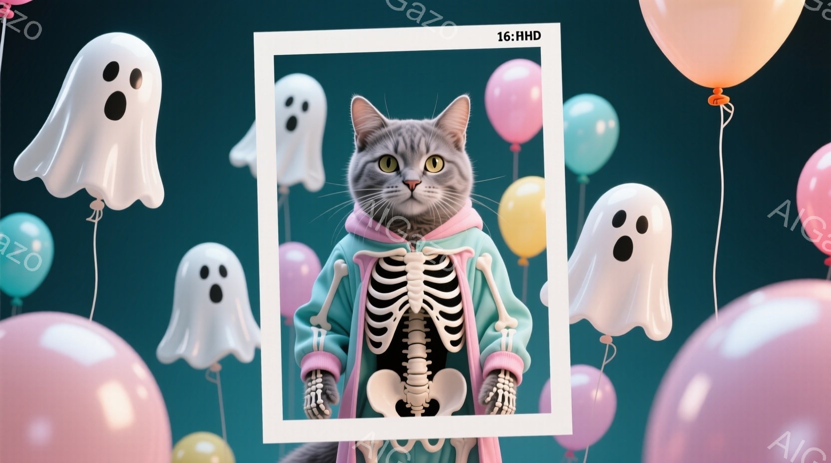 ハロウィーンをテーマにした画像で、骨格模様のパーカーを着た灰色の猫が中央に描かれています。猫は正面を向いており、少し驚いたような表情をしています。背景には、パステルカラーの風船と可愛らしい幽霊たちが浮 - AI生成フリー素材