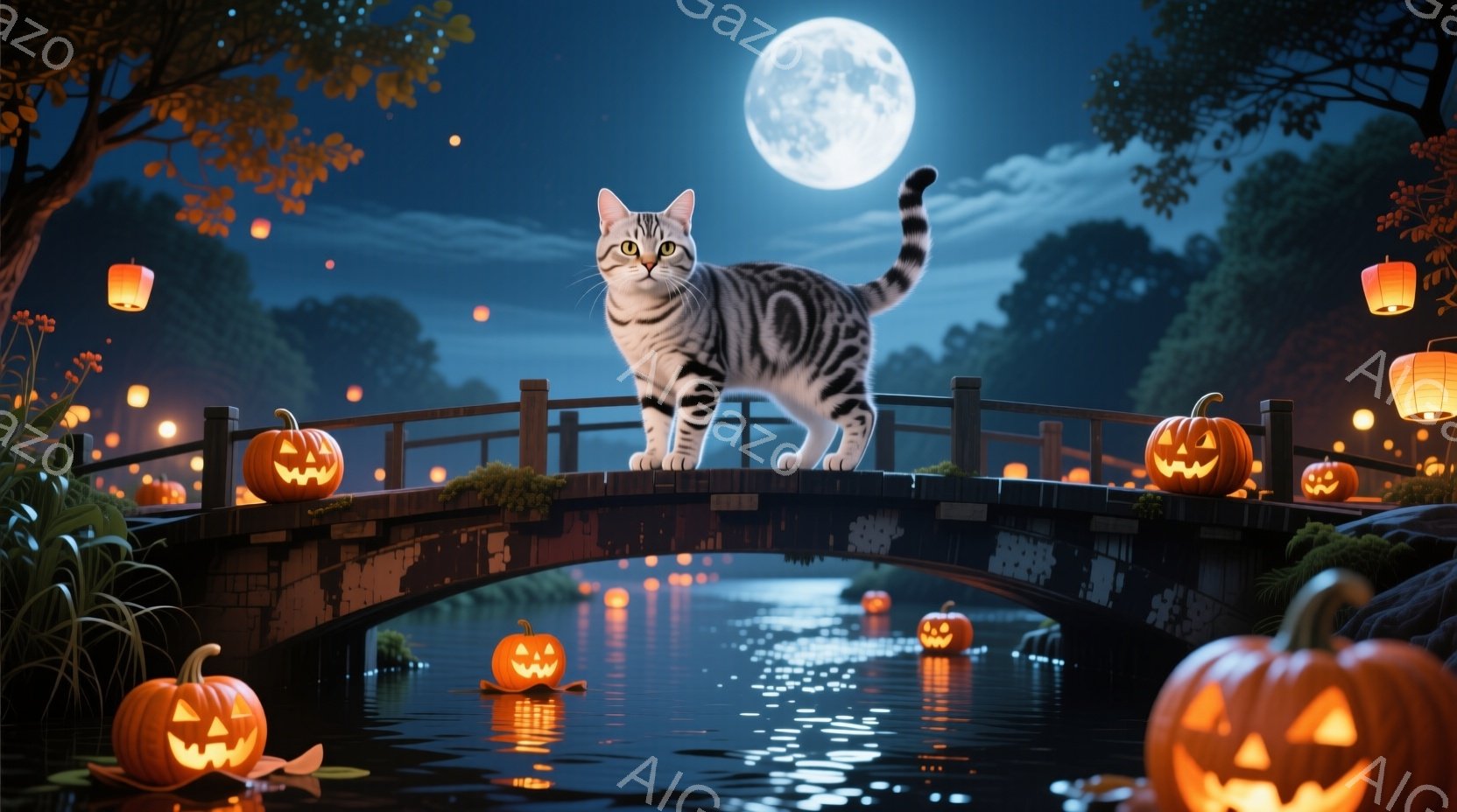 夜の川にかかる木製の橋の上に、縞模様の猫が凛々と立っている。橋や川の周りには、不気味な光を放つジャック・オー・ランタンが浮かび、満月の光が水面に反射し幻想的な雰囲気を醸し出している。背景には暗い木々が - AI生成フリー素材