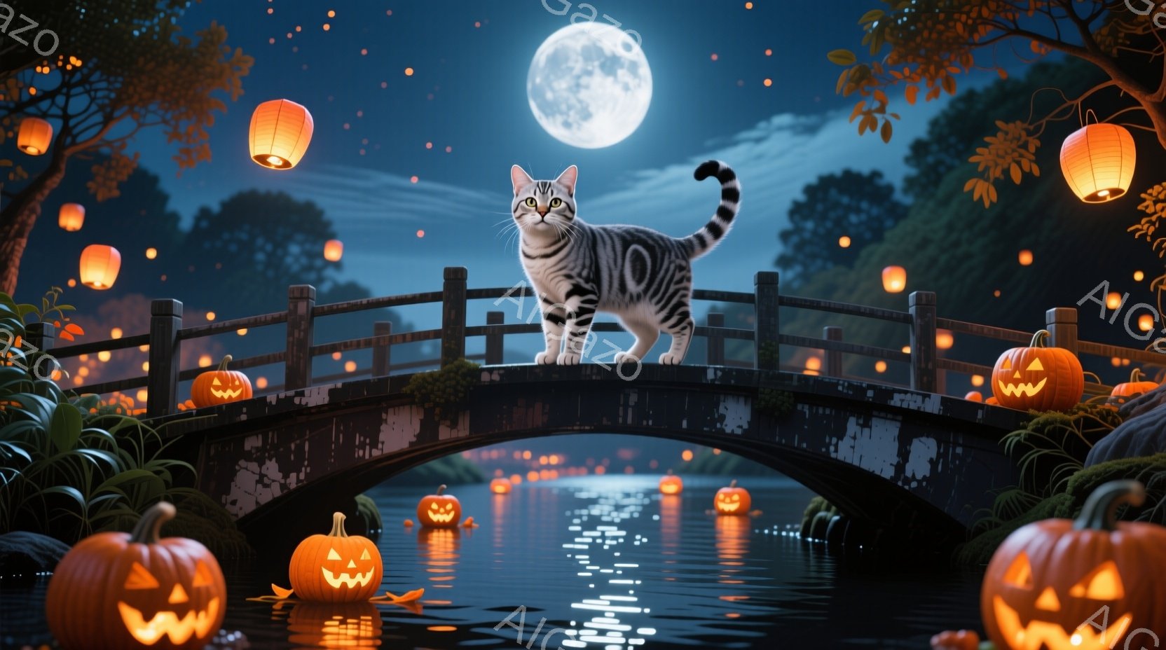 満月の夜、黒い橋の上に縞模様の猫が立っている。橋の欄干にはハロウィーンの装飾であるカボチャのランタンが並び、水面にはそれらの光が反射している。背景には緑豊かな植物が見え、全体的に幻想的で少し不気味なハ - AI生成フリー素材