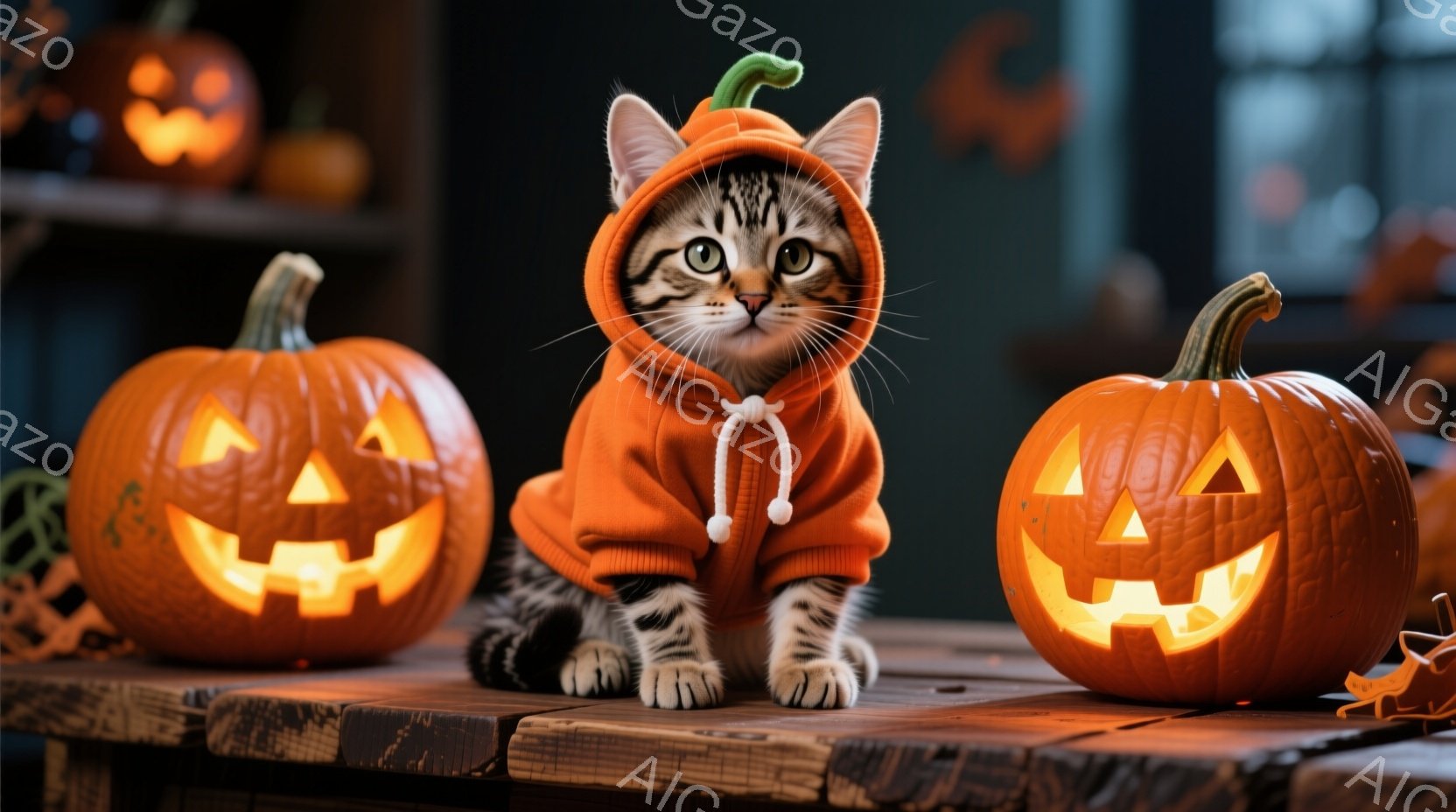 縞模様の猫がオレンジ色のハロウィン風パーカーを着て、木の板の上に座っています。猫は正面を見つめ、少し驚いたような表情をしています。背景には、点灯したジャック・オ・ランタンが複数あり、ハロウィーンの温かく不気味な雰囲気を醸し出しています。