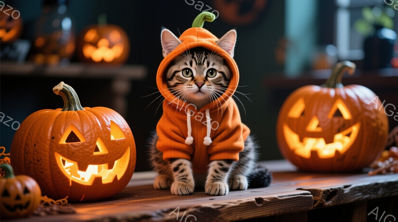 縞模様の猫がハロウィーンの衣装であるオレンジ色のパーカーを着て、木製のテーブルに座っています。猫は正面を見ており、少し警戒した表情をしています。背景には、点灯したジャック・オー・ランタンがいくつか配置 - AI生成フリー素材