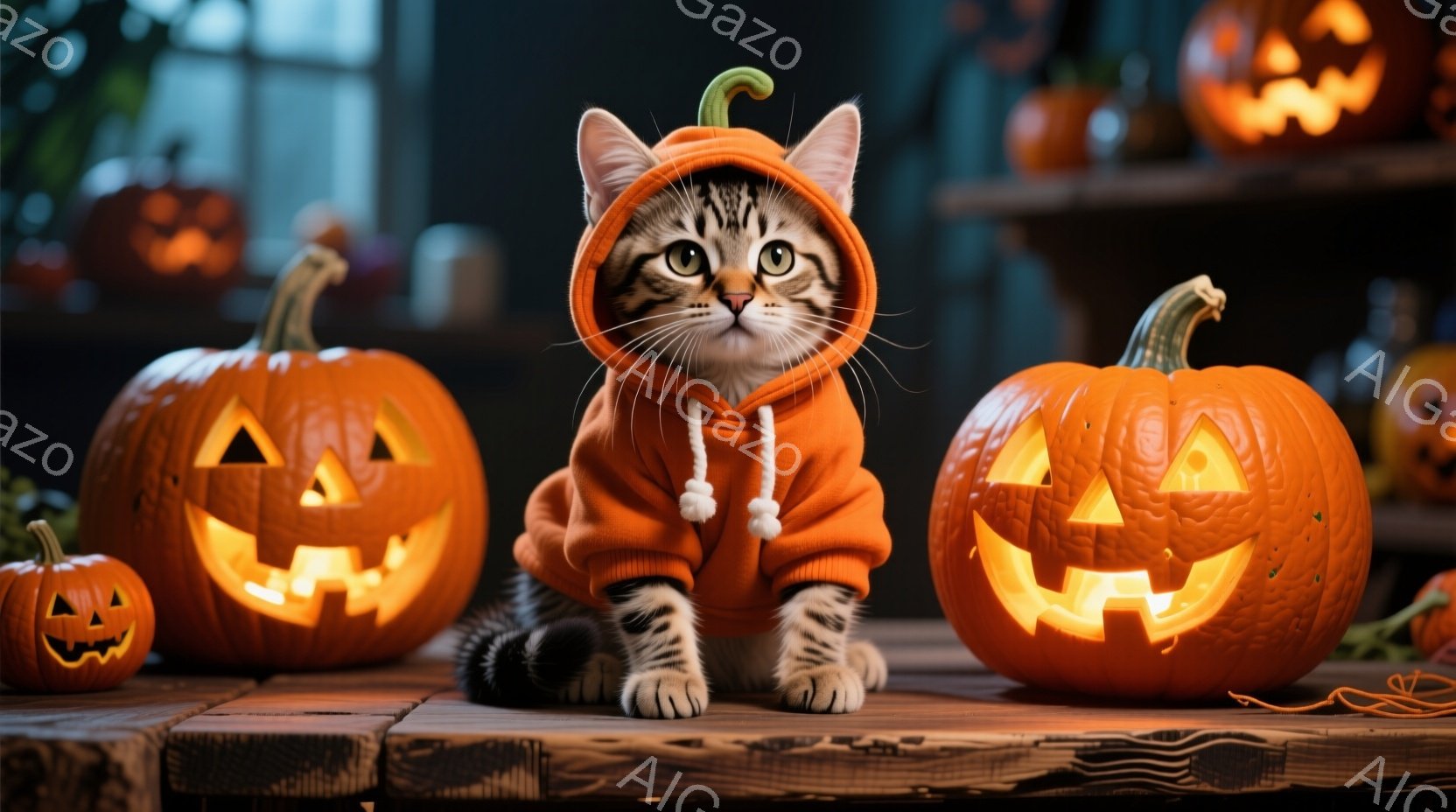 茶色の縞模様の猫が、ハロウィーンらしいオレンジ色のパーカーを着て、木製のテーブルの上に座っています。猫は前足を揃えて座り、少しこちらを見て、穏やかな表情をしています。背景には、さまざまな大きさのジャッ - AI生成フリー素材