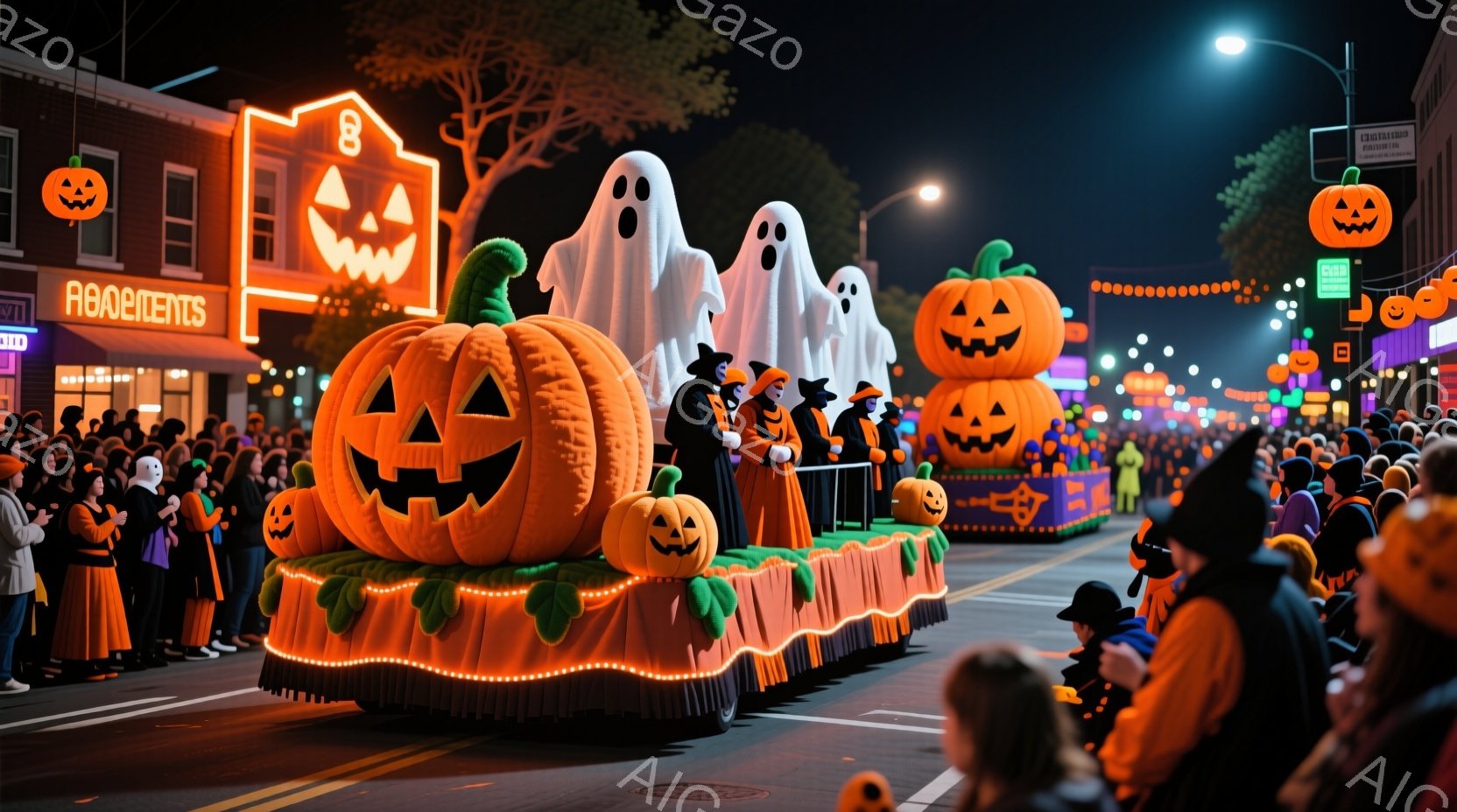 ハロウィーンのパレードが行われている夜の街並みが見える。巨大なカボチャと幽霊の飾り付けが施されたフロートが通りをゆっくりと進んでおり、フロートの上には魔女の帽子を被った人々が立っている。背景には、ハロウィーンの装飾が施された建物や多くの観客が見え、夜空は暗く、華やかな雰囲気である。