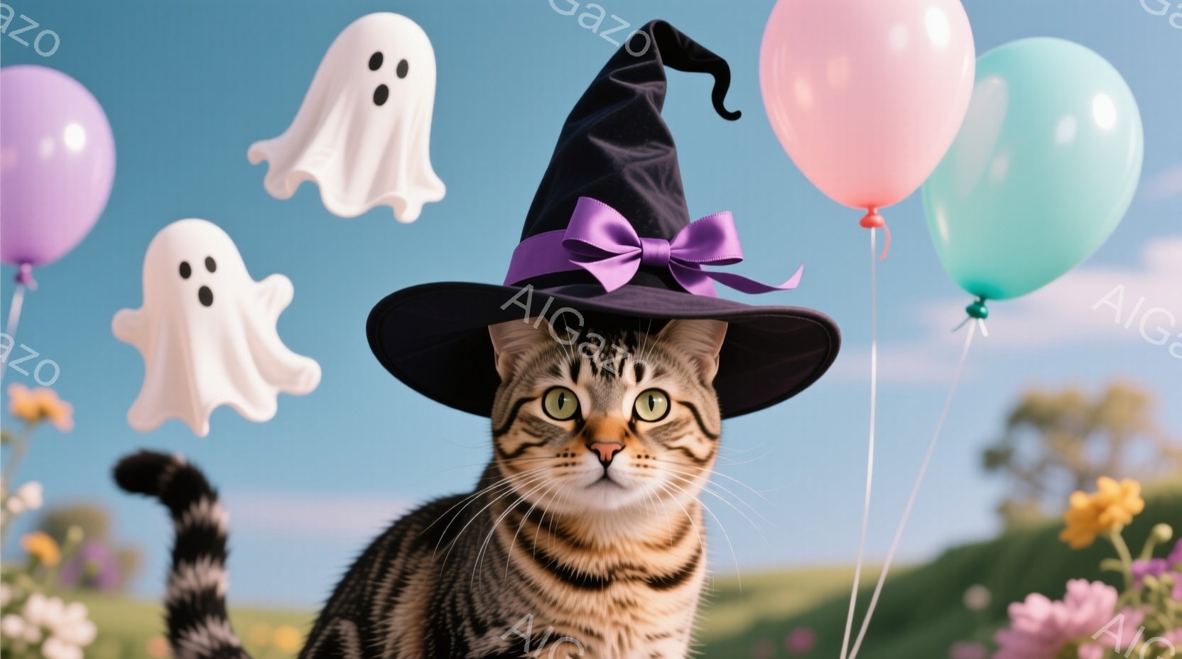 茶色の縞模様の猫が、ハロウィーンらしい黒い帽子をかぶって正面を見つめています。背景には、パステルカラーの風船や可愛らしい幽霊の形をした飾り、そして緑豊かな草原が広がっており、穏やかで楽しい雰囲気を醸し - AI生成フリー素材