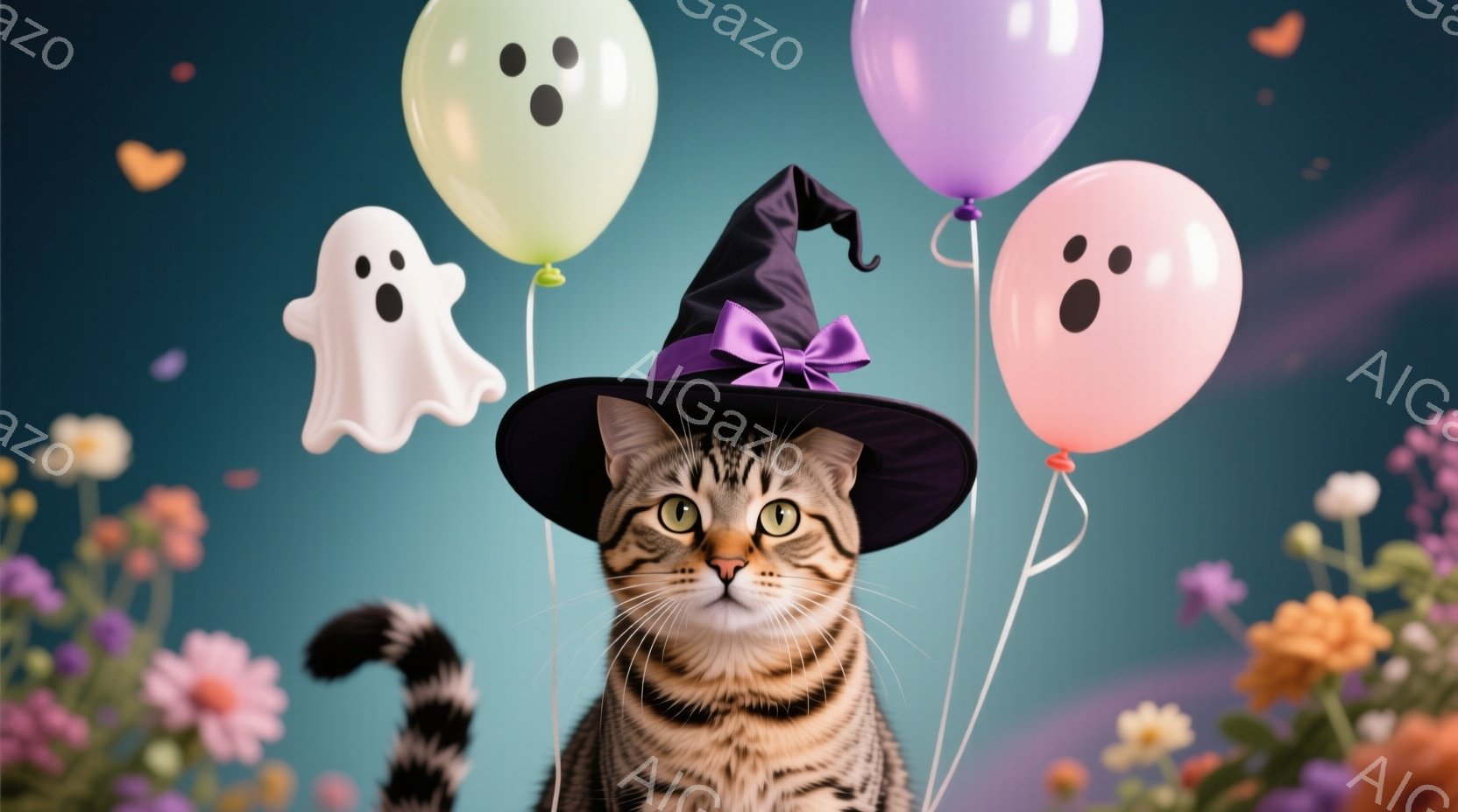 縞模様の猫がハロウィーンの魔女帽子をかぶって正面を見つめています。背景には、幽霊の形をした風船やカラフルな花々が浮かび、お祝いの雰囲気が漂っています。猫の表情はどこか得意げで、ハロウィーンの楽しい雰囲 - AI生成フリー素材