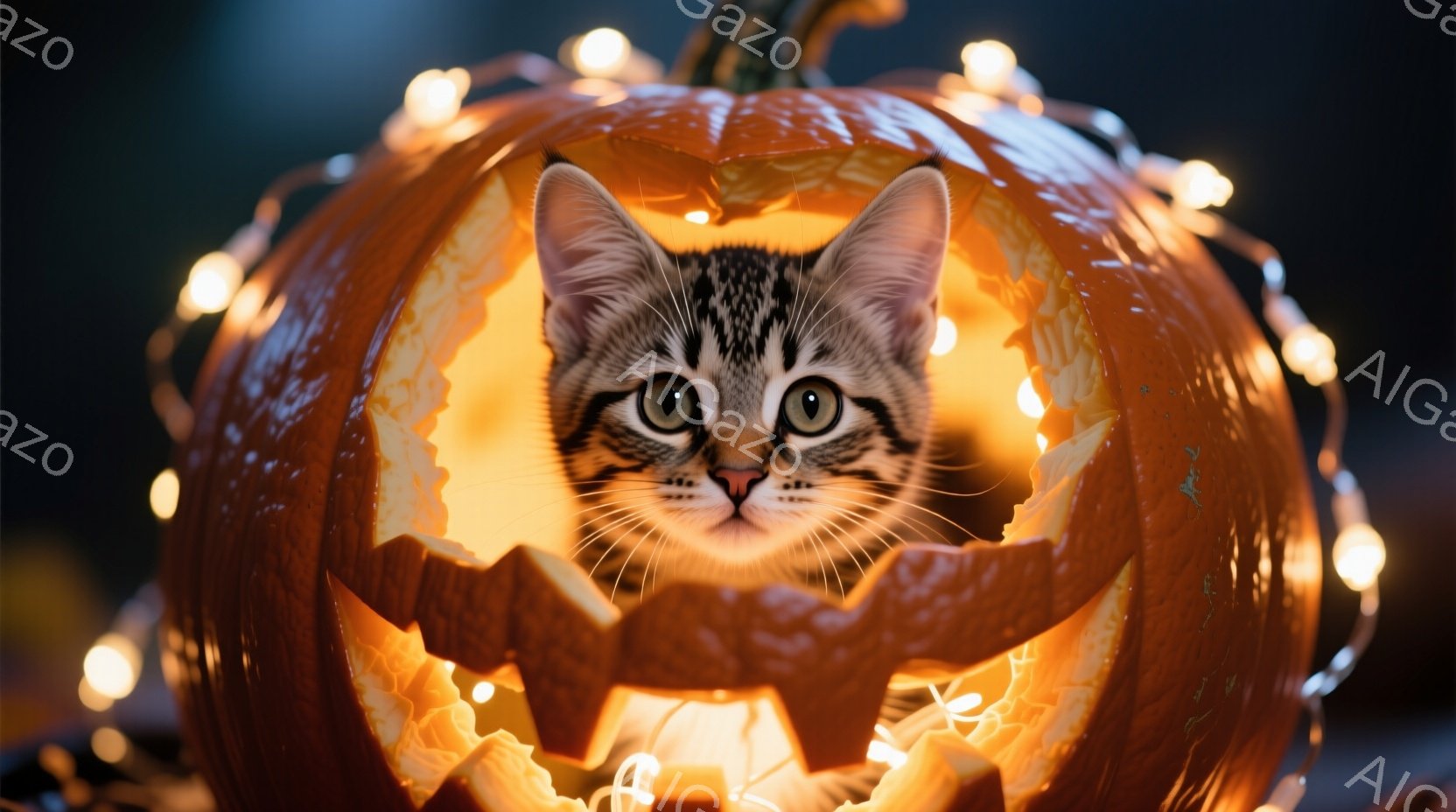 小さな縞模様の猫が、ジャック・オー・ランタンに彫られた口から顔を出しています。猫は好奇心と少しの戸惑いが混ざった表情で、大きな緑色の目で見つめています。背景にはオレンジ色の電飾が輝き、ハロウィーンらし - AI生成フリー素材