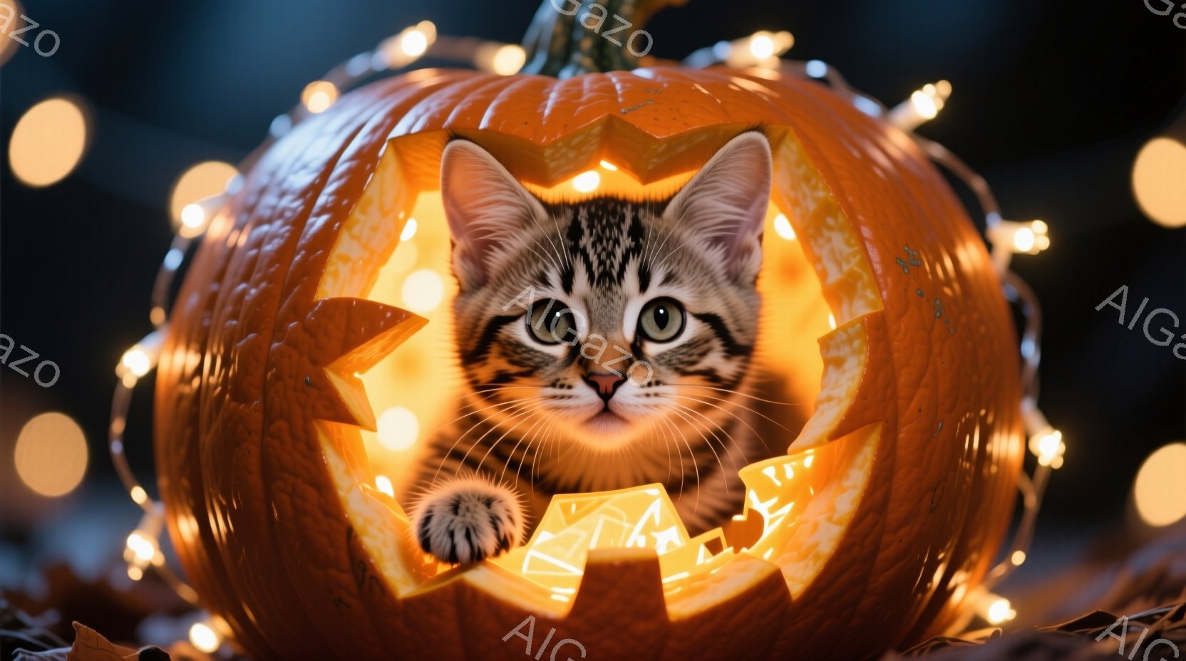 縞模様の小さな子猫が、ハロウィーンのくり抜かれたカボチャの中に座ってこちらを見つめています。カボチャの内側は明るいオレンジ色で、子猫の顔を照らし、可愛らしい表情を際立たせています。背景にはぼやけた電飾 - AI生成フリー素材