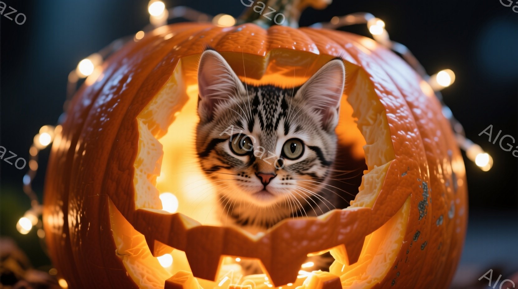 縞模様の猫が、ハロウィーンのジャック・オー・ランタンの中に顔を出している。猫は好奇心と少しの困惑が入り混じった表情で、正面を見つめている。背景にはぼやけたオレンジ色の光が灯り、ハロウィーンらしい温かく楽しい雰囲気を醸し出している。
