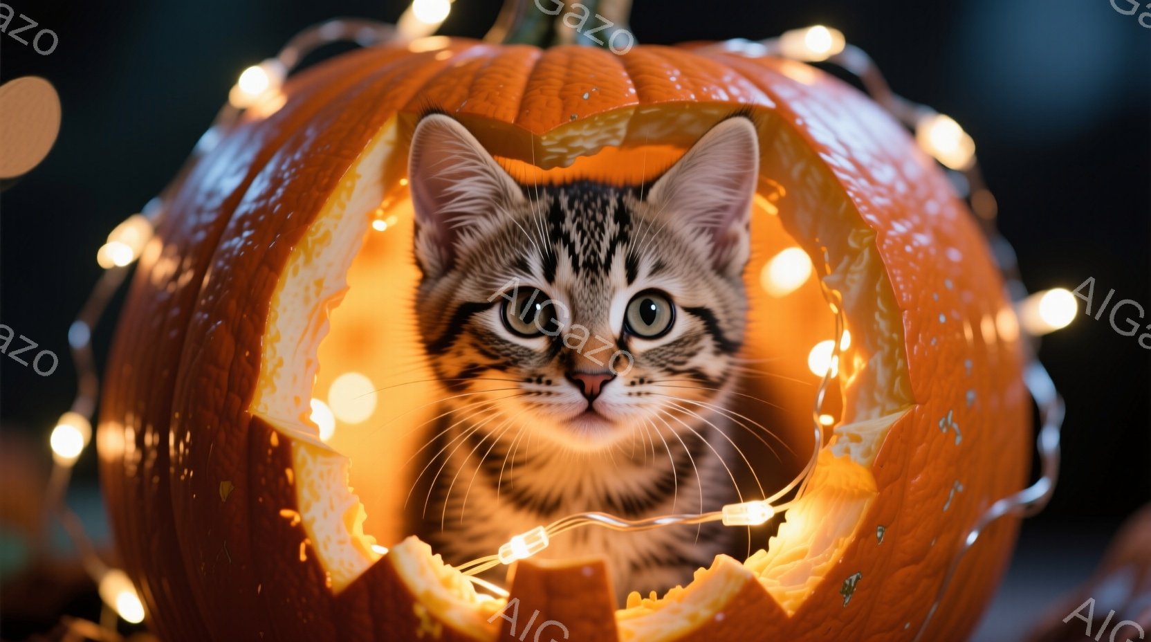 小さな縞模様の猫が、くり抜かれたオレンジ色のカボチャの中に顔を出しています。猫は正面を見つめ、好奇心と少しの警戒心を表した表情をしています。背景にはぼやけた光の帯があり、暖かくお祝いムードに包まれてい - AI生成フリー素材