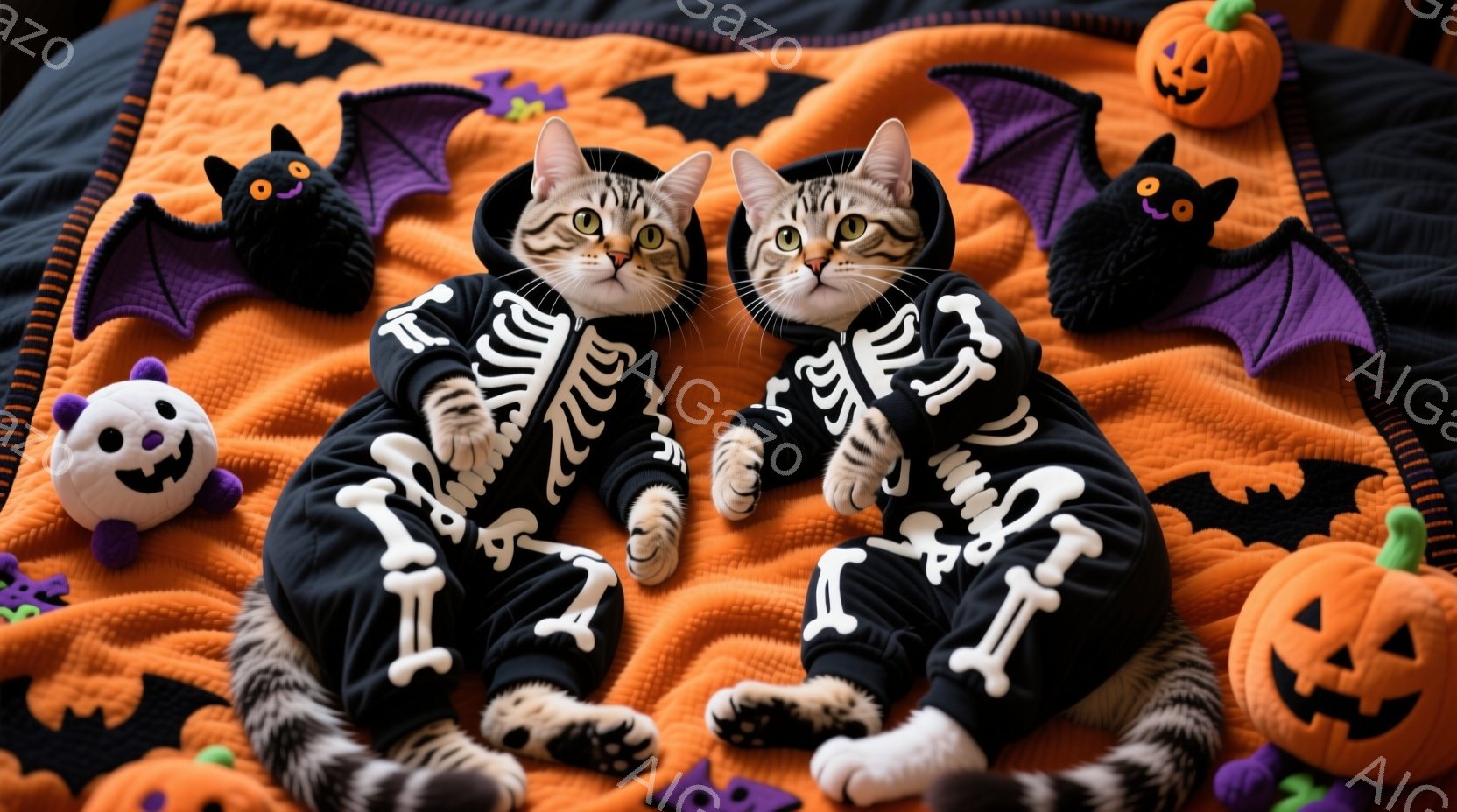 オレンジ色の背景に、骸骨柄の黒いセーターを着た二匹の猫が並んで座っています。猫たちは少し困ったような表情で、前足を伸ばしてリラックスしたポーズをとっています。背景には、ハロウィーンを象徴するカボチャやコウモリのぬいぐるみがあり、お祝いムードが漂っています。