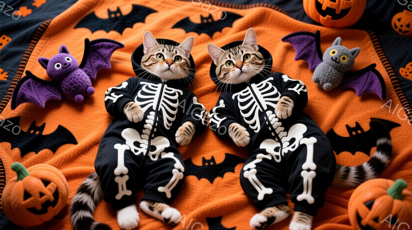 オレンジと黒のハロウィン柄の背景に、骨格模様の衣装を着た二匹の猫が座っています。猫たちはリラックスした表情で、お互いに寄り添うように座っており、その周りにはカボチャのおもちゃとコウモリのぬいぐるみがあ - AI生成フリー素材