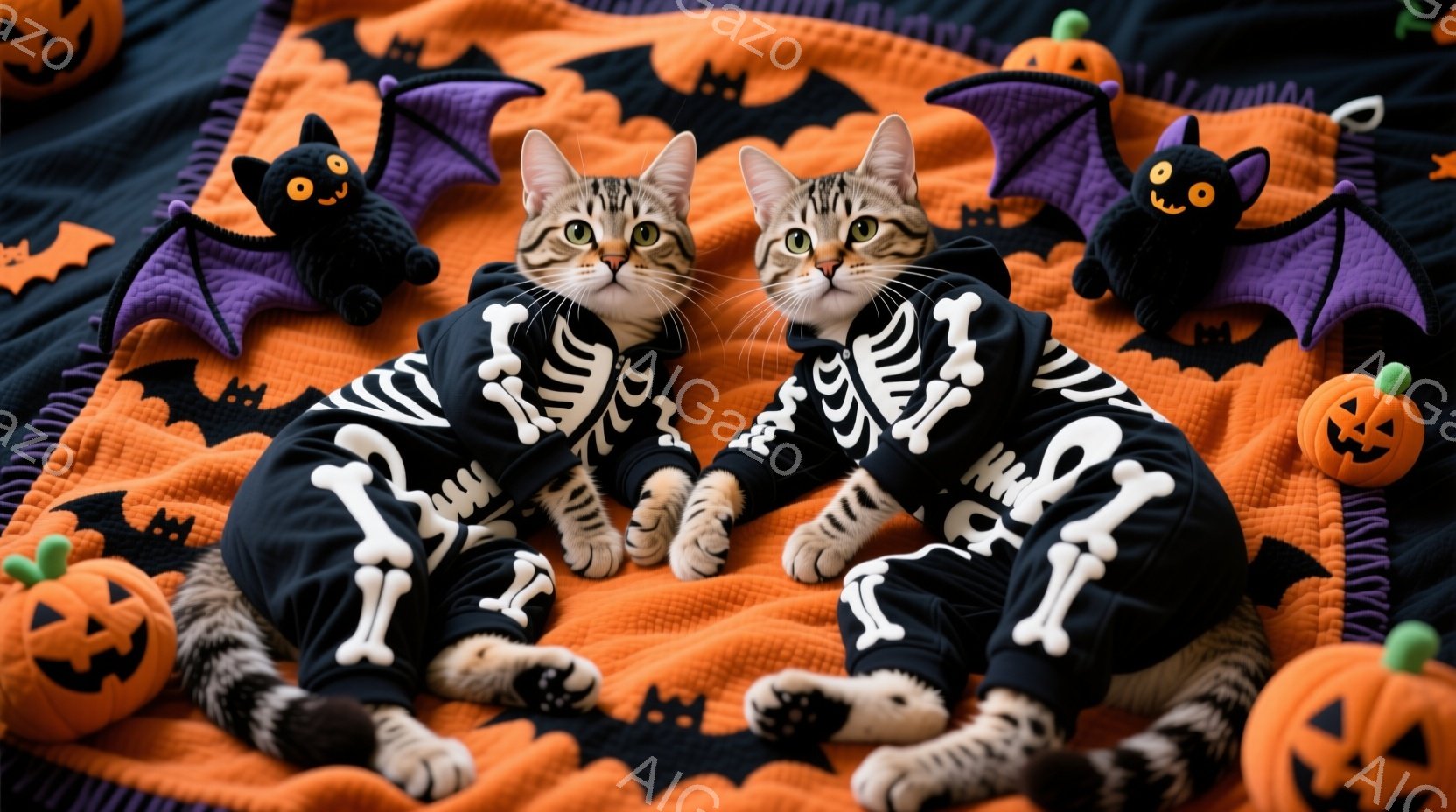 縞模様の猫が2匹、ハロウィーンをテーマにした黒いジャンプスーツを着て、オレンジ色のキルト生地の上に並んで座っています。猫たちはリラックスした表情で、お互いに寄り添うように座っており、背景にはカボチャと黒いコウモリのぬいぐるみがあります。全体的に、暖かく、遊び心のあるハロウィーンの雰囲気が漂っています。
