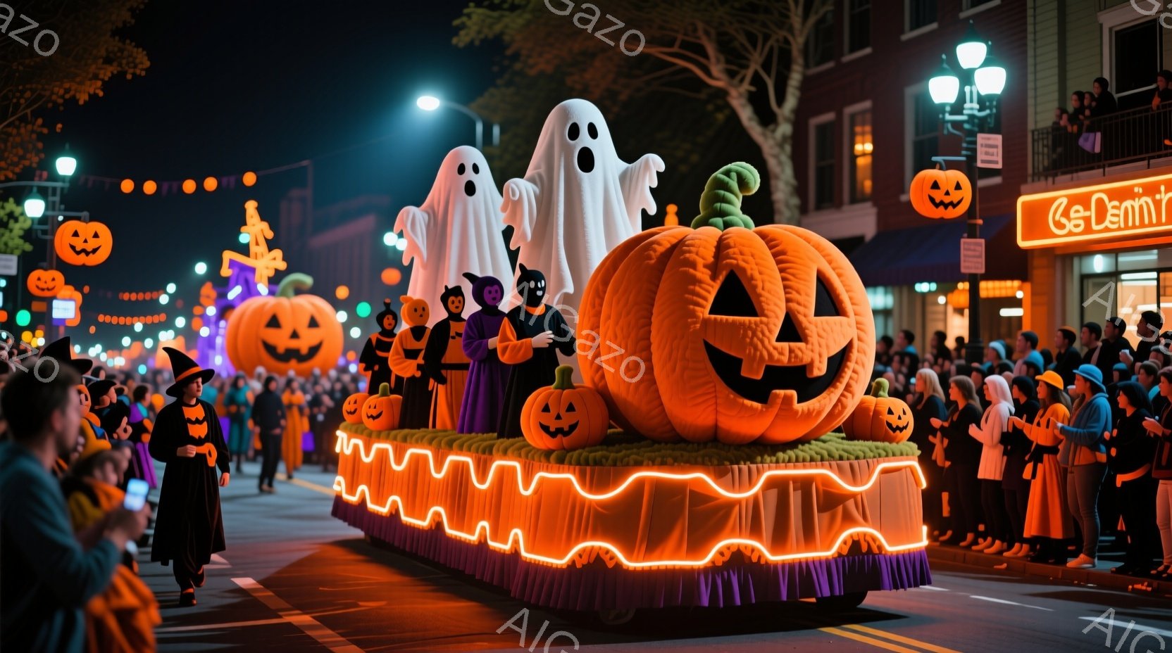 ハロウィーンのパレードが夜の街を行進している様子が写っている。大きなカボチャのフロートを中心に、魔女、幽霊、その他のキャラクターに扮した人々が歩き、楽しんでいる。背景には、ハロウィーンの装飾が施された - AI生成フリー素材