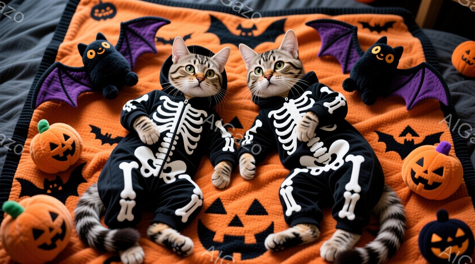 オレンジ色の背景に、骸骨の模様が入った黒い衣装を着た猫が2匹並んで座っています。猫たちは少し困ったような表情で、おもちゃのハロウィーンアイテム（カボチャ、コウモリ）に囲まれています。全体的にハロウィーンらしい、可愛らしくユーモラスな雰囲気です。