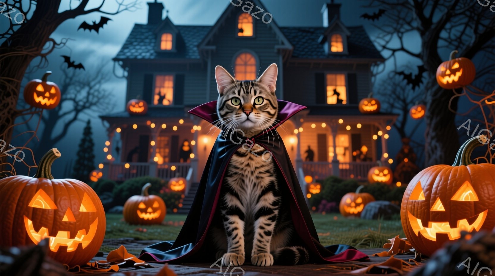 縞模様の猫が、黒いマントと赤い襟付きの衣装を身に着けて座っており、どこか得意げな表情を浮かべています。背景には、ジャック・オー・ランタンで飾られた屋敷と、暗い空に舞うコウモリが見え、ハロウィーンの夜の - AI生成フリー素材