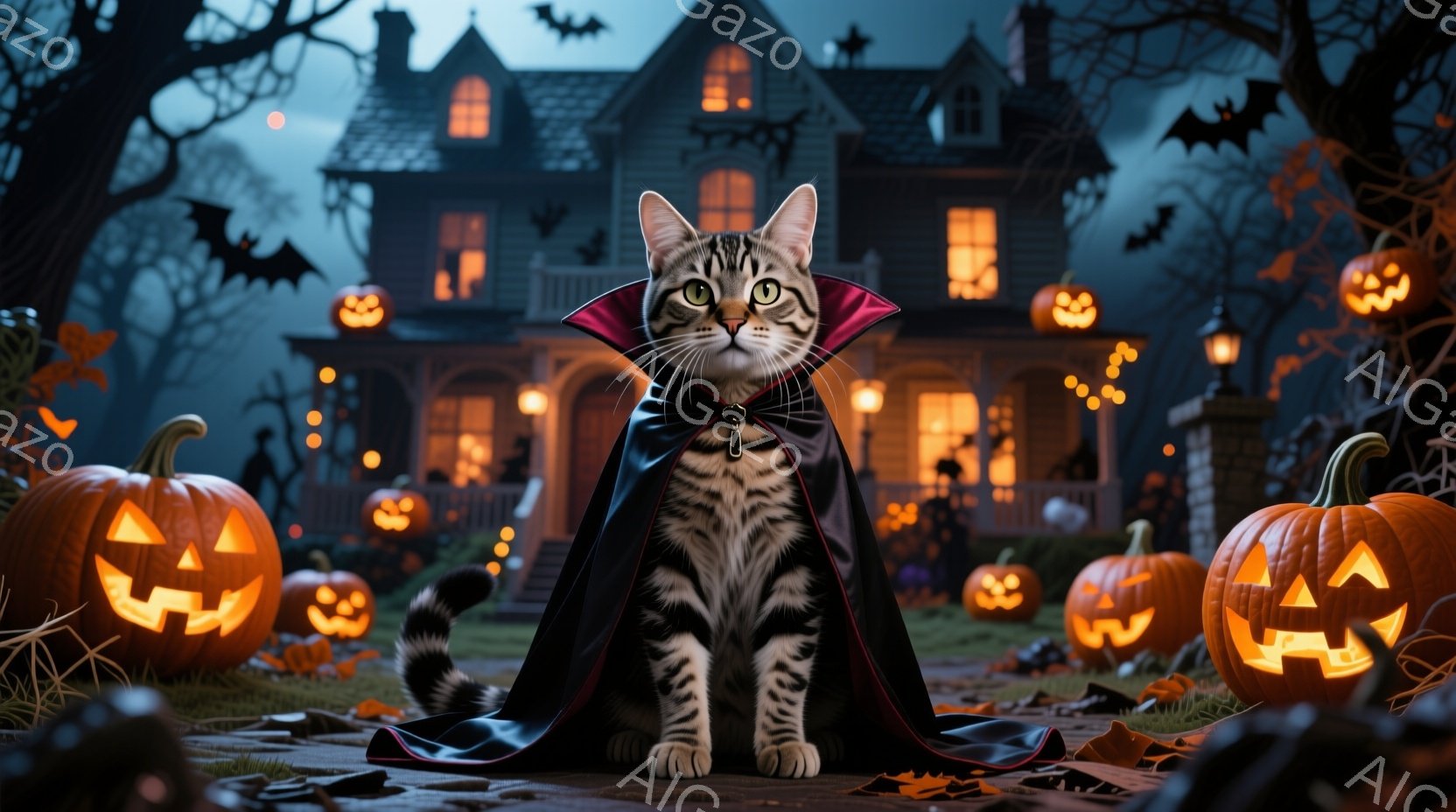 ハロウィンのイラストで、人間がなく、タブー（注：雑誌「TABOO」とは別）のキャットが「ドラキュラ」のコスプレをしている。その姿勢はカリフォルニアの乙太杉の下で、緊張気持ちで立っている。背景にはハロウィン特有の屋敷、種々のパンプキンとジャック・オランジ灯があり、雰囲気は独特のホラーな魅力を持っている。