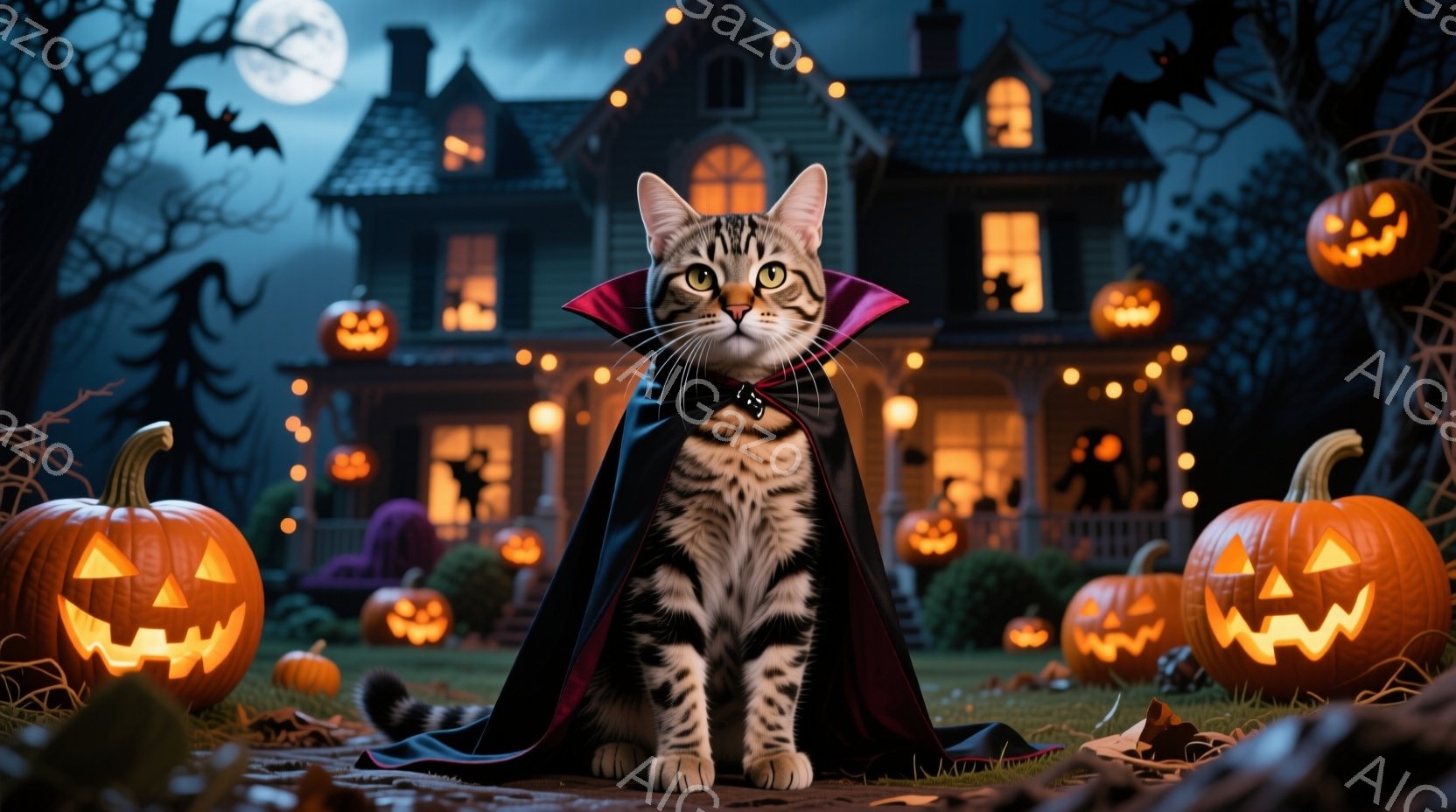 白と黒の縞模様の猫が、ハロウィーン用の黒いマントと白い襟付きの衣装を着て、正面をまっすぐ見て座っています。背景には、たくさんのジャック・オー・ランタンが飾られた屋敷があり、暗い夜空と満月がハロウィーン - AI生成フリー素材