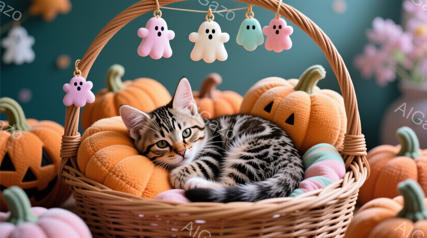縞模様の小さな子猫が、ハロウィンのカボチャを模したふわふわのクッションに囲まれた籐のバスケットの中で丸まって眠っています。頭上には、パステルカラーの可愛らしいお化けのオーナメントが飾られており、背景は淡い緑色で、ハロウィンの飾り付けが施されています。全体的に暖かく、穏やかで、愛らしい雰囲気です。