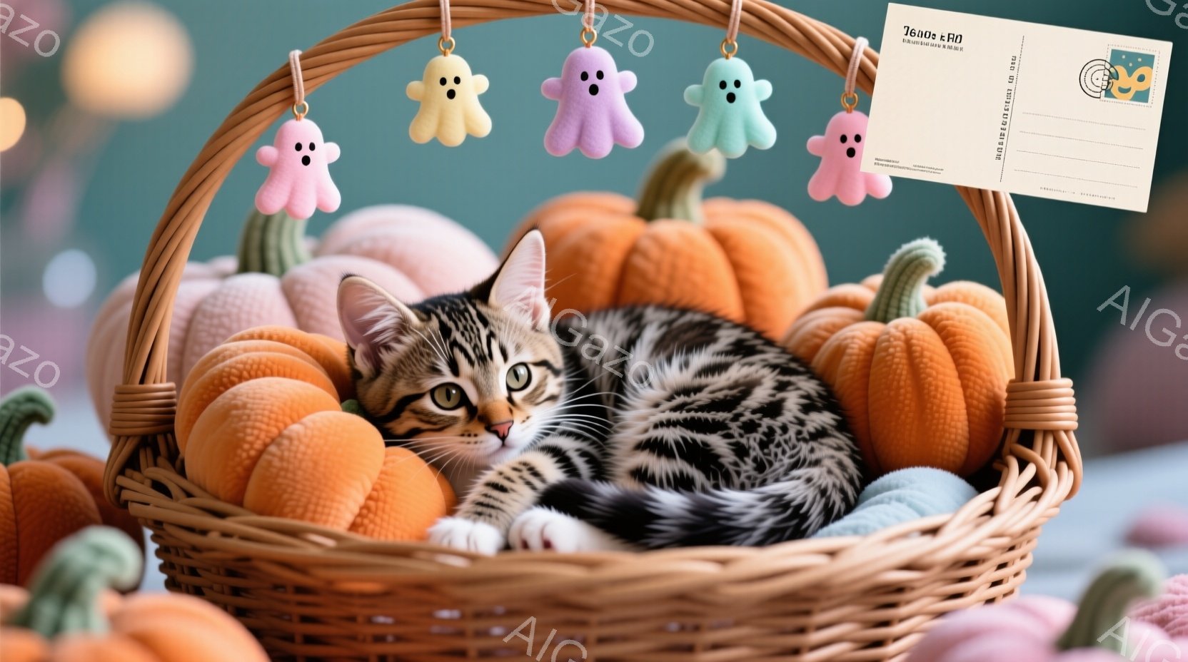 オレンジ色のカボチャで満たされたバスケットの中に、縞模様の猫が丸まって眠っています。猫はリラックスした表情で、前足を伸ばして快適そうにしています。背景には、ハロウィーンを連想させるお化けの飾りがあり、 - AI生成フリー素材
