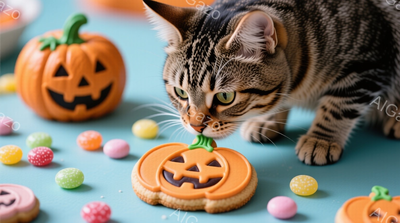 オレンジ色の背景に、ハロウィーンをテーマにしたクッキーとキャンディーが散りばめられています。茶色と黒の縞模様の猫が、クッキーのパンプキン型に鼻を近づけ、興味深そうに匂いを嗅いでいます。全体的に、可愛らしくて遊び心のある、ハロウィーンの雰囲気を醸し出しています。
