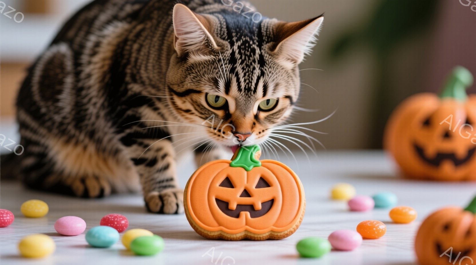 茶色の縞模様の猫が、ハロウィーンのパンプキン型のクッキーを口に含み、じっと見つめています。周囲にはカラフルなキャンディーが散らばり、他の2つのパンプキンが背景にぼんやりと見えます。全体的に、ハロウィー - AI生成フリー素材