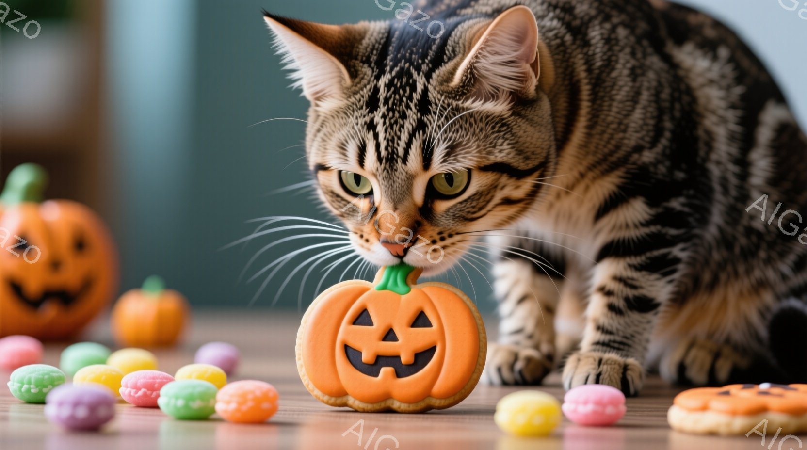縞模様の猫が、ハロウィーンをテーマにしたクッキーに顔を近づけています。周りにはカラフルなキャンディーが散らばっており、背景には小さなカボチャの置物が見えます。全体的に、温かく、遊び心のある、秋のハロウィーンの雰囲気が漂っています。