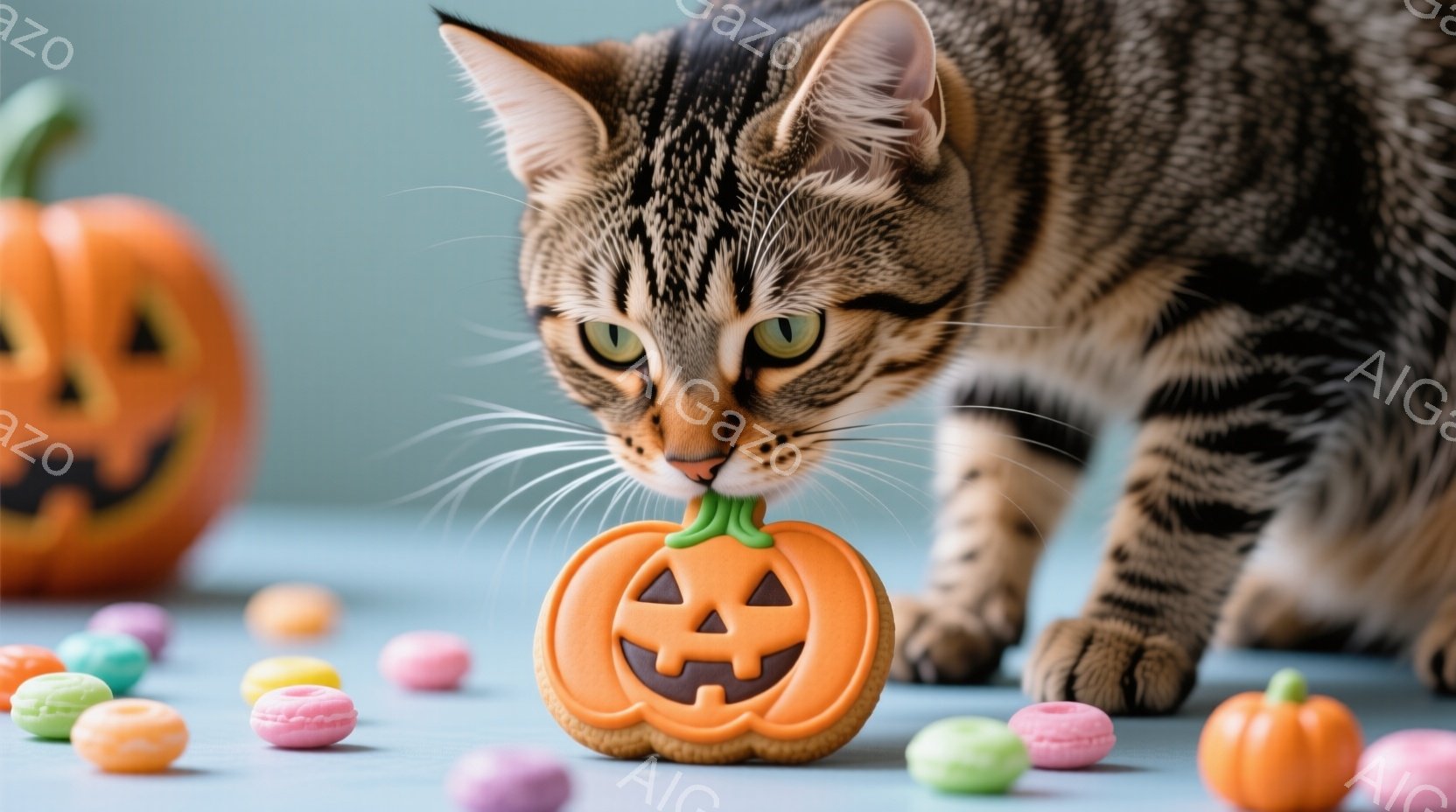 縞模様の猫が、ハロウィーンのパンプキン型のクッキーにかぶりつこうとしている姿が捉えられています。背景には、いくつかのカラフルなキャンディと、ハロウィーンの飾りである小さなパンプキンが置かれています。全 - AI生成フリー素材