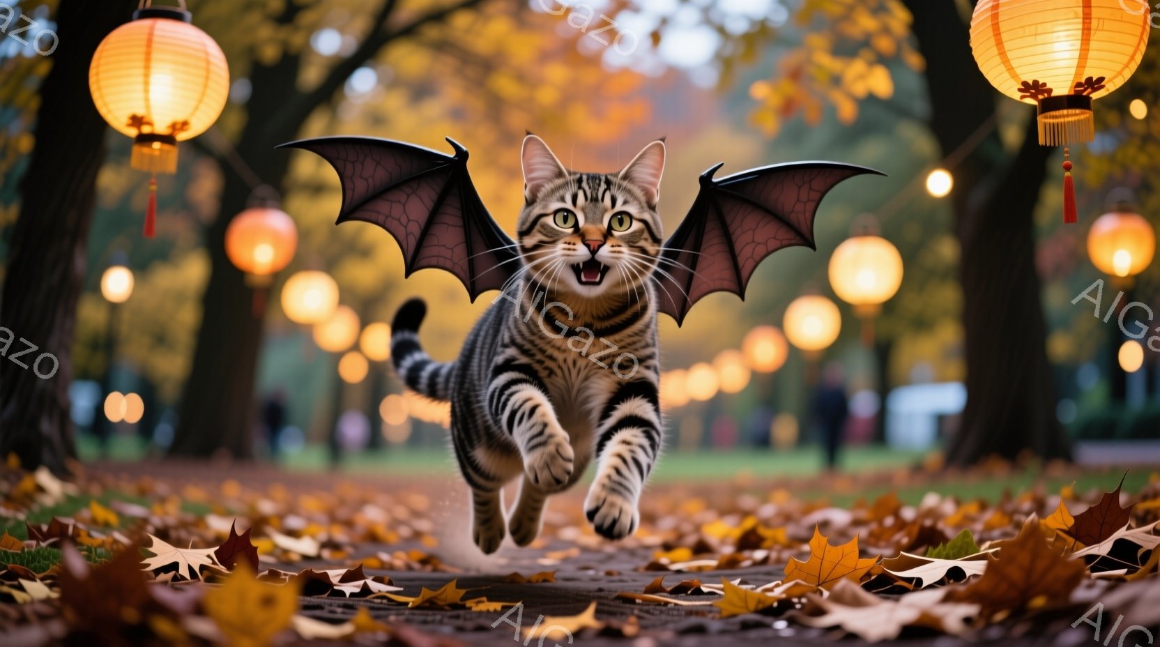 縞模様の猫が、まるで飛んでいるかのように空中で前足と後ろ足を伸ばして走っています。背景には、落ち葉が敷き詰められた遊歩道と、ぼんやりと見える木々、そして秋らしい温かい光を放つ提灯が並んでいます。全体的 - AI生成フリー素材
