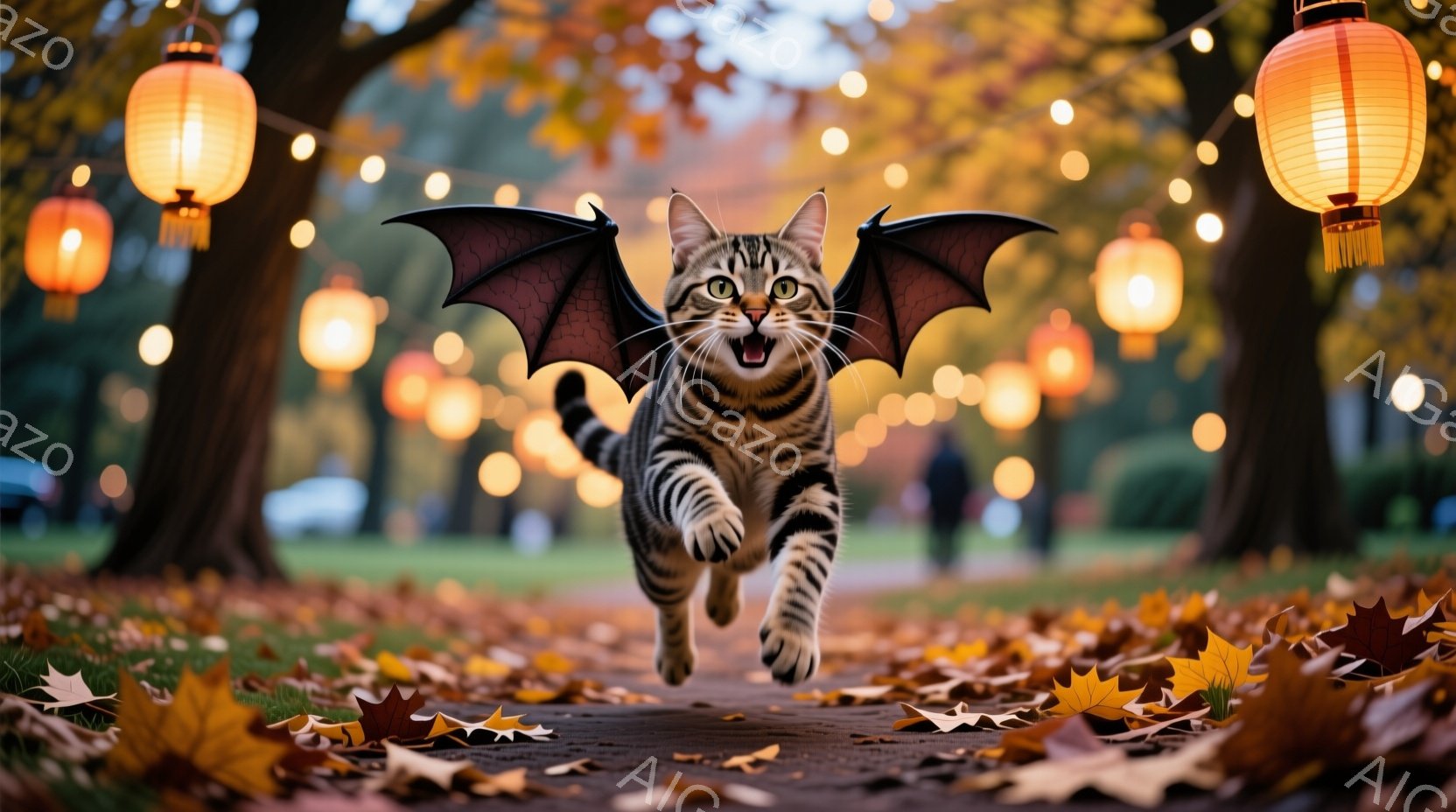 縞模様の猫が、まるで飛んでいるかのように地面を走り、背中には蝙蝠のような翼が生えています。背景には木々が生い茂り、地面は落ち葉で覆われており、オレンジ色の提灯が吊るされた遊歩道は、ハロウィーンのような - AI生成フリー素材