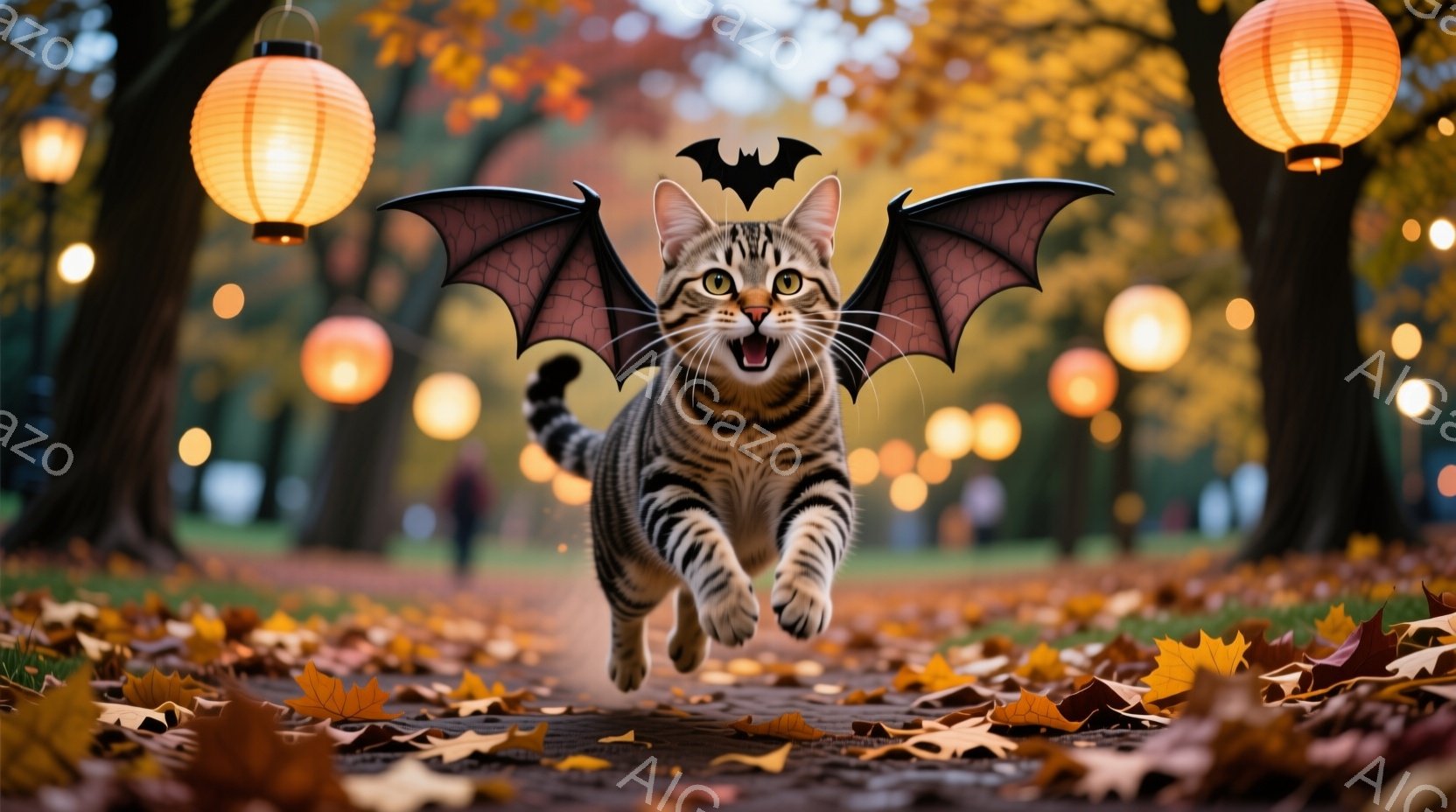 茶色の縞模様の猫が、まるで飛んでいるかのように空中に飛び跳ねています。翼が生えており、ハロウィーンの雰囲気を感じさせます。背景には、落ち葉が散らばる遊歩道と、ぼんやりと光る提灯が並び、秋の穏やかな夜の - AI生成フリー素材