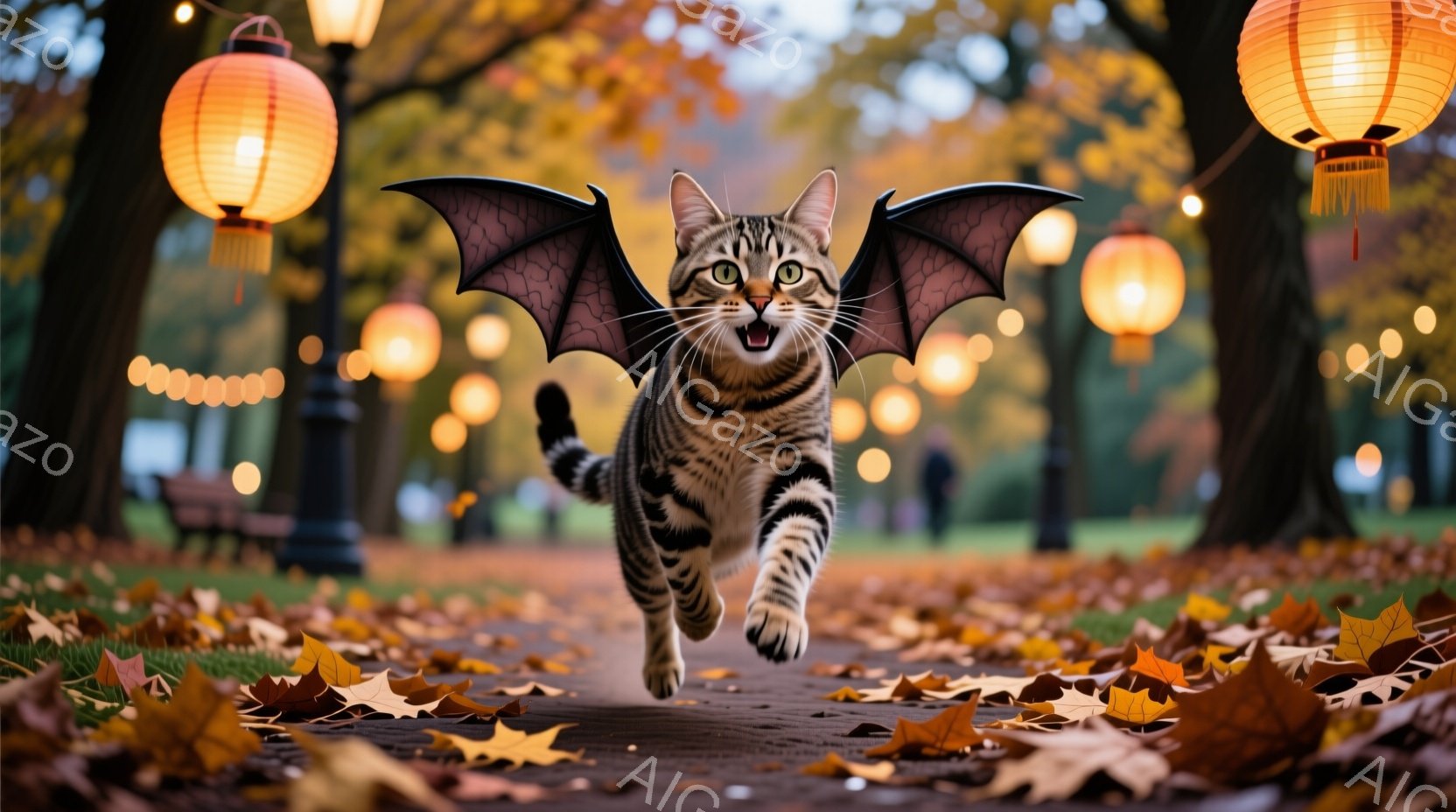 鮮やかなオレンジ色の落ち葉が敷き詰められた遊歩道を、翼を広げた縞模様の猫が全速力で走っている。背景には、光り輝く提灯が並び、秋の夕暮れの穏やかな雰囲気を醸し出している。猫は口を開けて楽しそうな表情を浮 - AI生成フリー素材