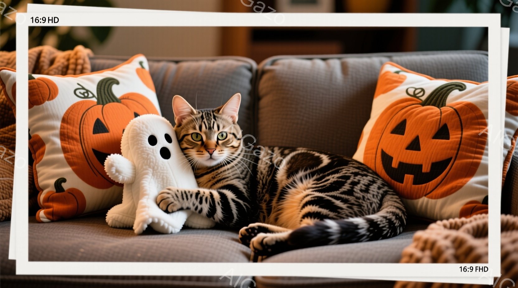 灰色のソファに縞模様の猫が横たわっており、隣には白い幽霊のぬいぐるみがあります。猫はリラックスした様子で、前足を伸ばし、顔は穏やかで落ち着いています。背景には、ハロウィーンをテーマにしたオレンジ色のカ - AI生成フリー素材