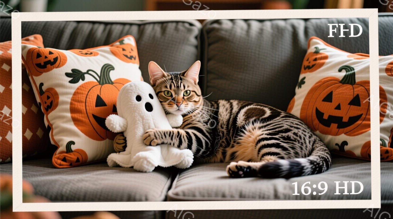 縞模様の猫が、ハロウィーンの装飾がされたクッションに囲まれたソファで、ふわふわのゴーストのぬいぐるみを抱きしめてくつろいでいます。猫はリラックスした表情で、クッションやぬいぐるみとのコントラストが温か - AI生成フリー素材