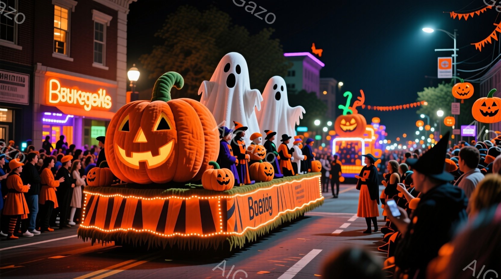 ハロウィーンのパレードが行われている様子で、大きなカボチャと幽霊の飾り付けがされたフロートが通りを移動している。観客はハロウィーンの衣装を着ており、魔女帽子やさまざまな仮装が見られるが、表情ははっきりと写っていない。背景にはカラフルな装飾が施された建物が並び、夜空にはハロウィーンらしい装飾が施された街灯が灯り、全体的に賑やかで楽しい雰囲気が漂っている。