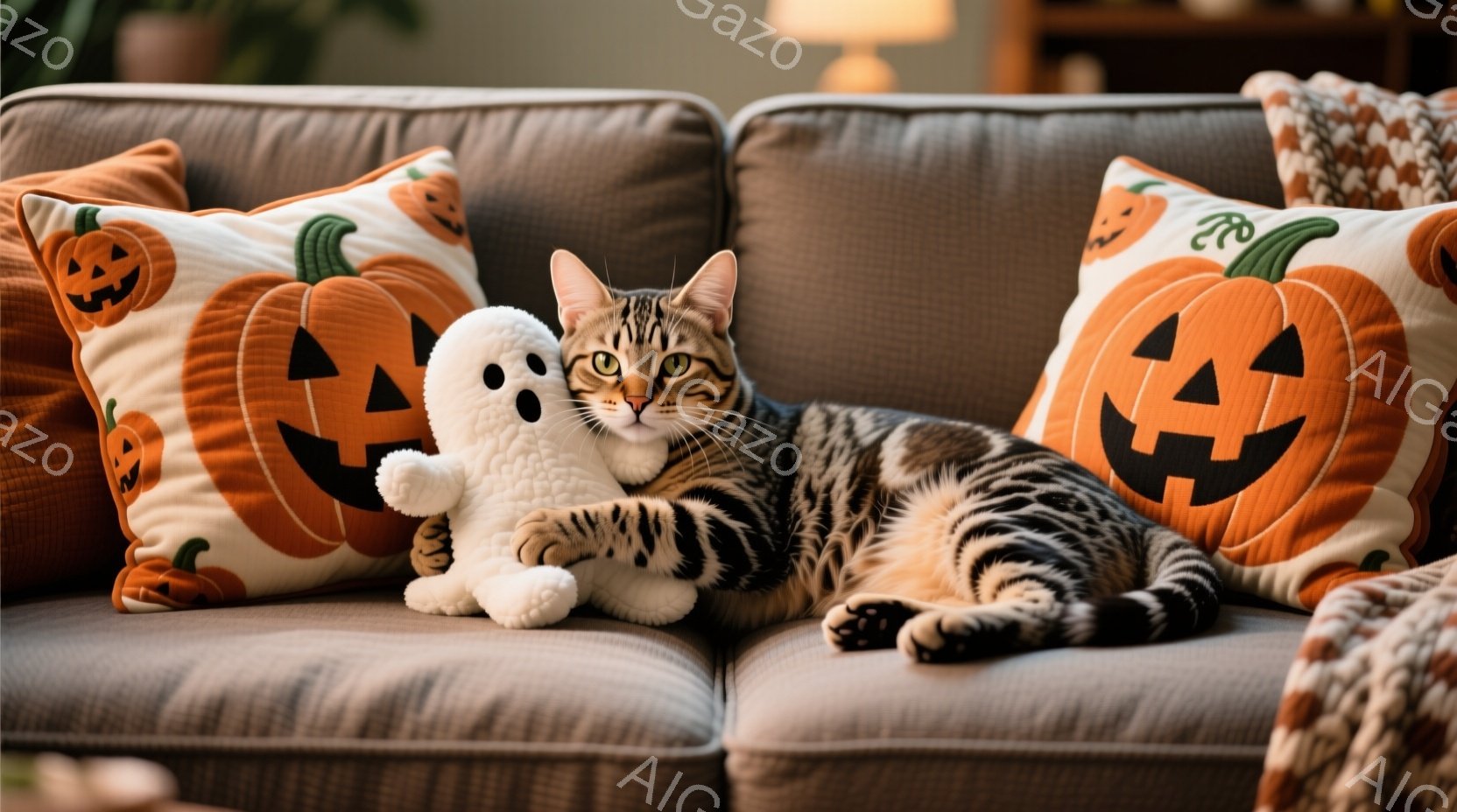 茶色いソファに縞模様の猫が横たわっており、白いゴーストのぬいぐるみを片方の前足で抱えています。背景にはハロウィーンを意識したカボチャ柄のクッションが置かれ、暖かく居心地の良い雰囲気が漂います。猫はリラックスした表情で、穏やかな光が室内を照らしています。